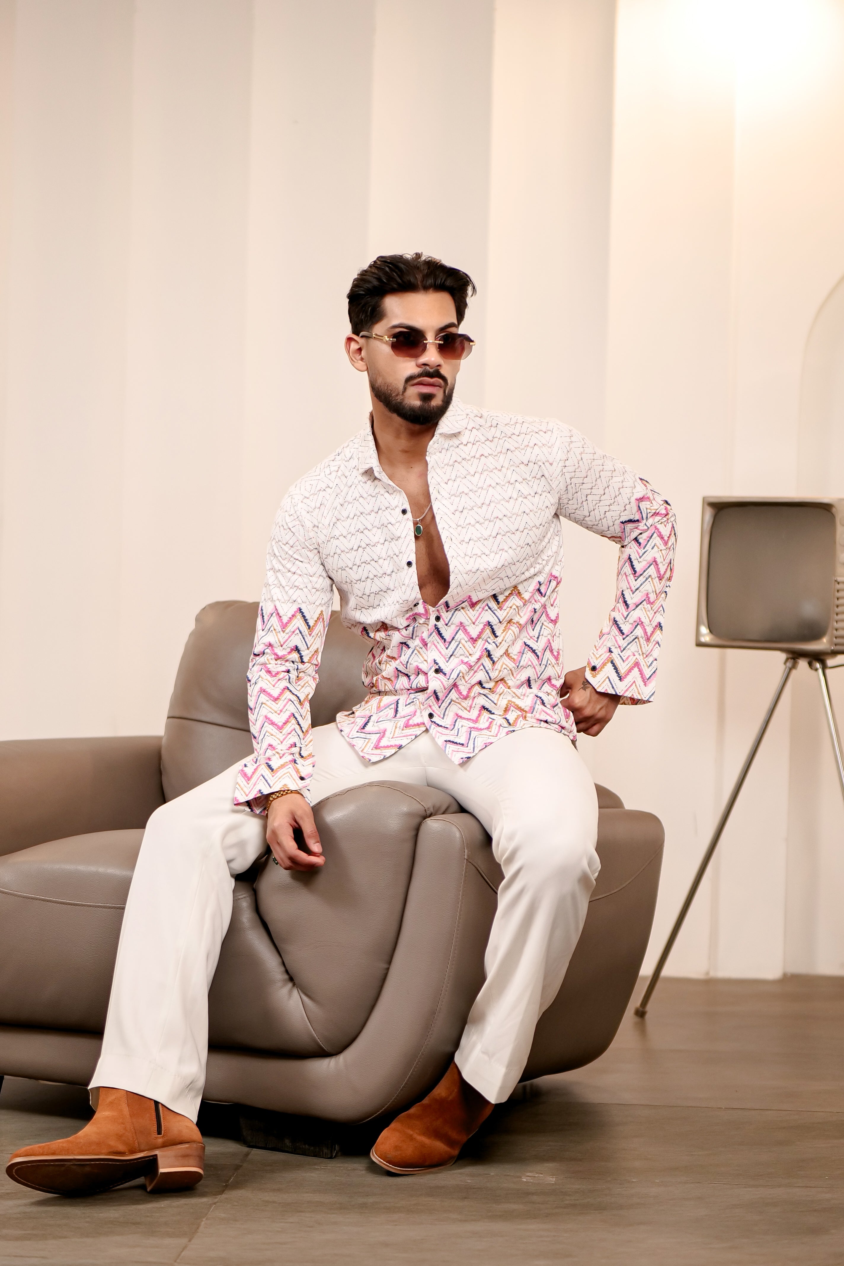 Fashion Casino Zic Zac Print Cotton Shirt