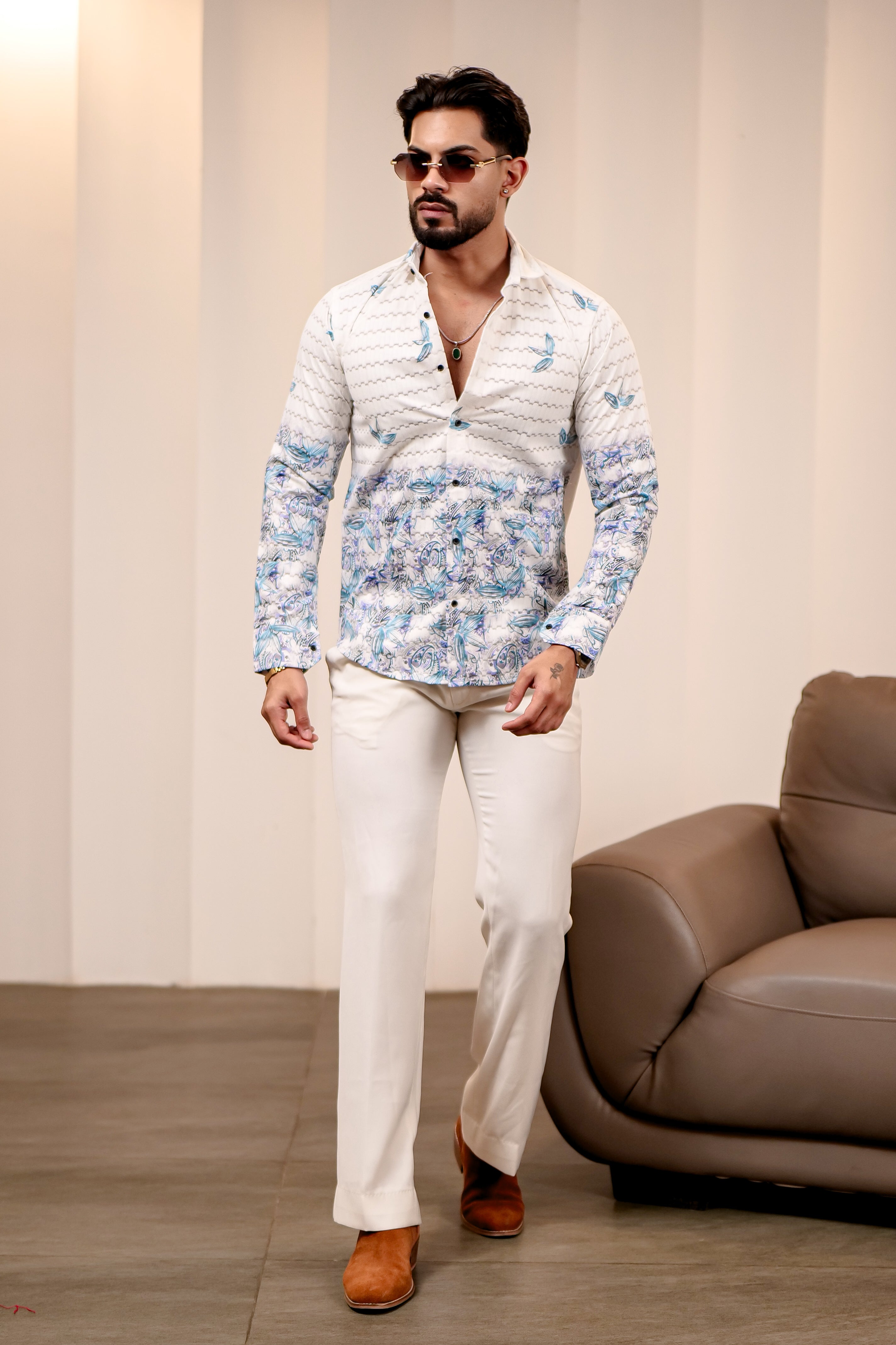 Fashion Casino Leave Printed Cotton Shirt