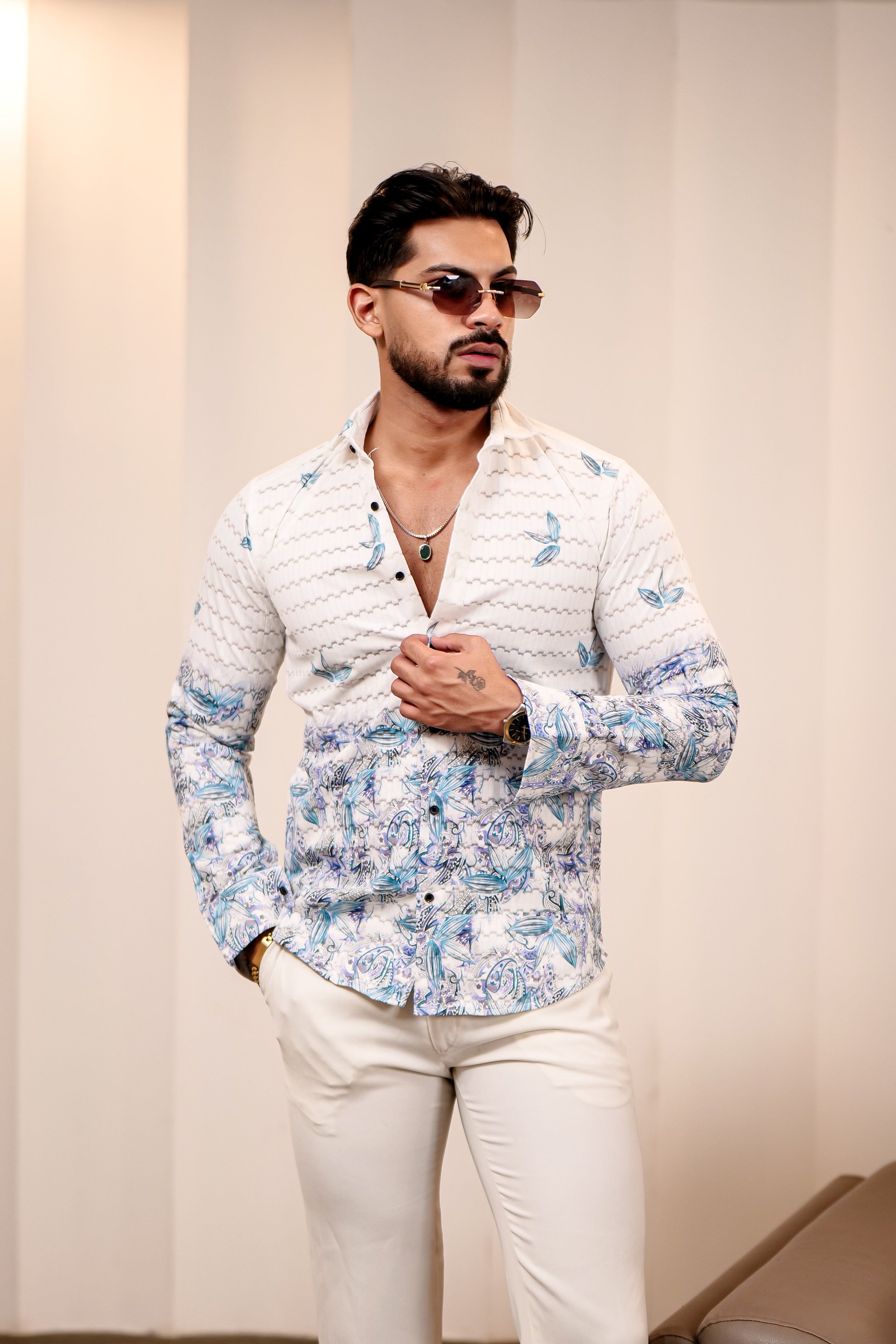 Fashion Casino Leave Printed Cotton Shirt