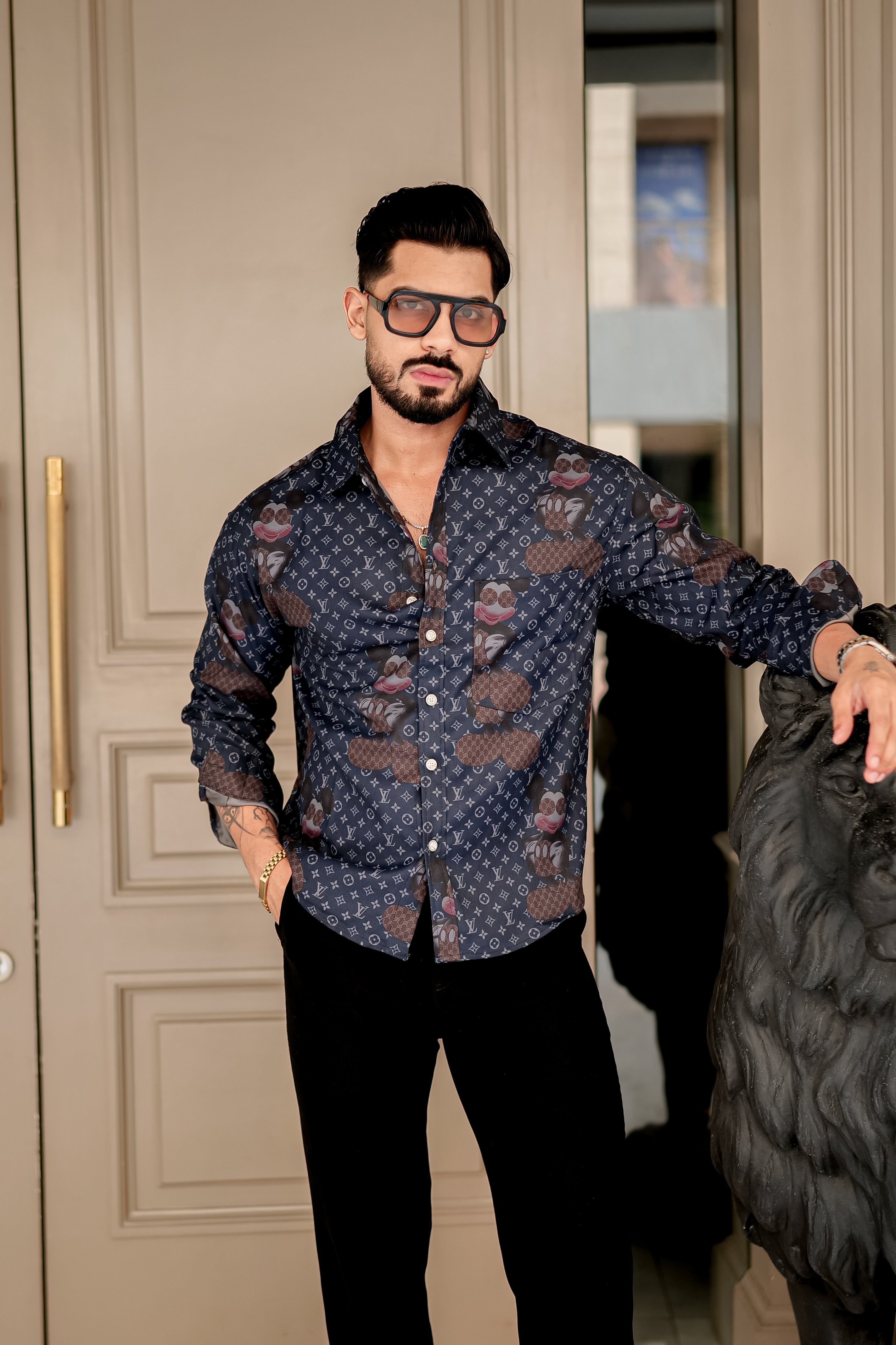 Fashion Casino Embroidery Blue & Brown Premium Cotton Shirt