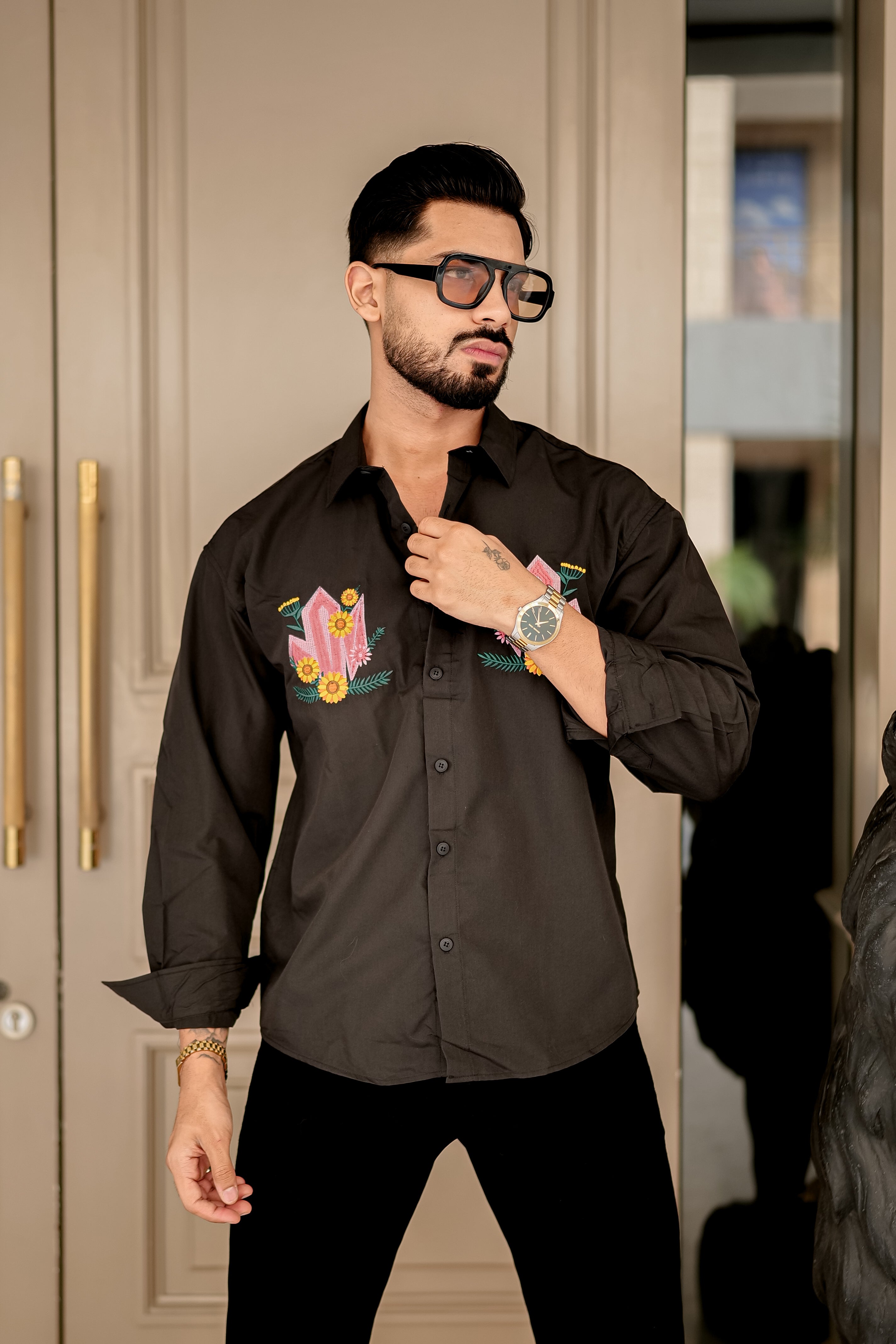Fashion Casino Embroidery Brown Premium Cotton Shirt
