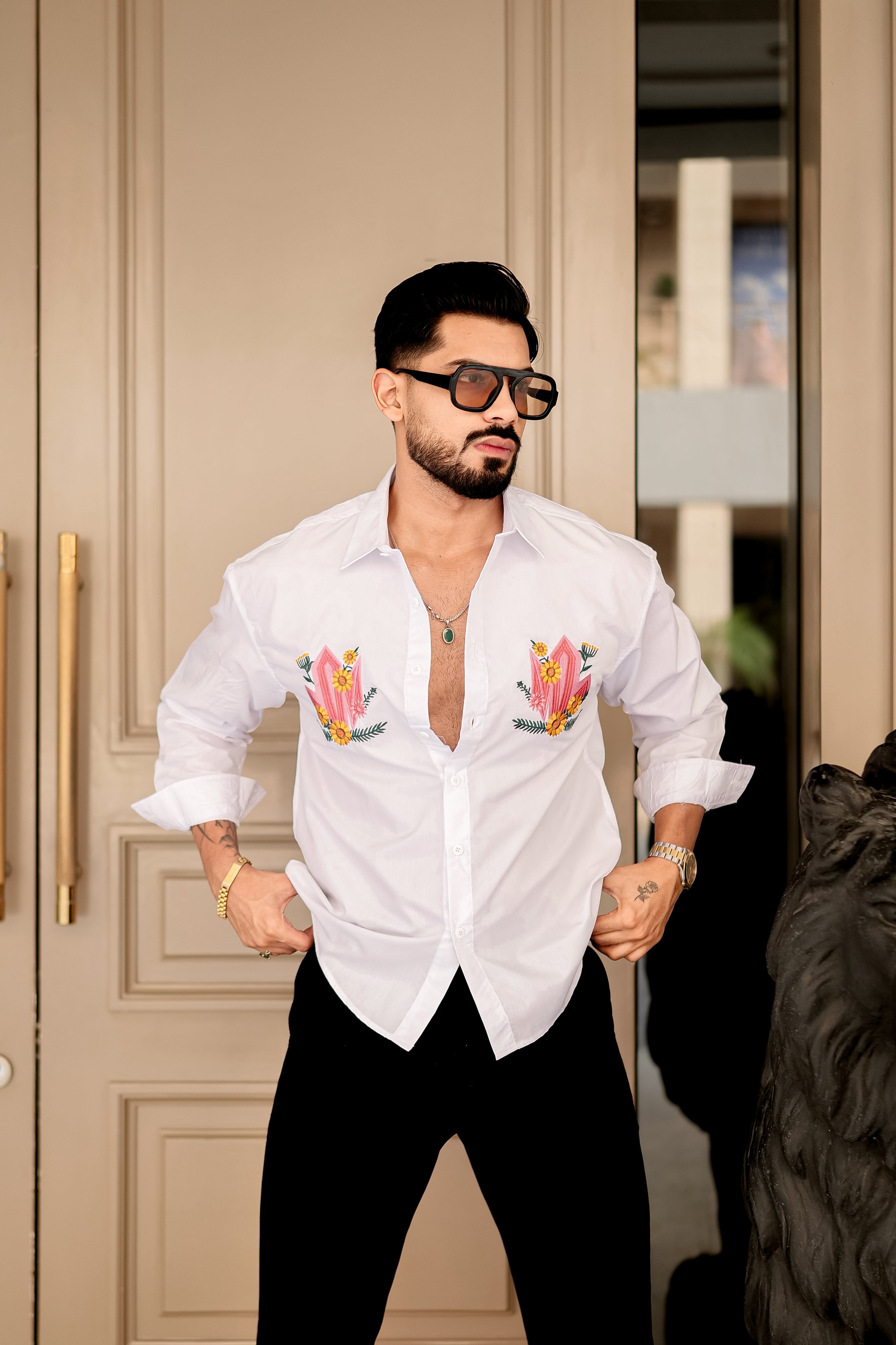 Fashion Casino Embroidery White Shirt & Yellow flower Design Premium Cotton Shirt