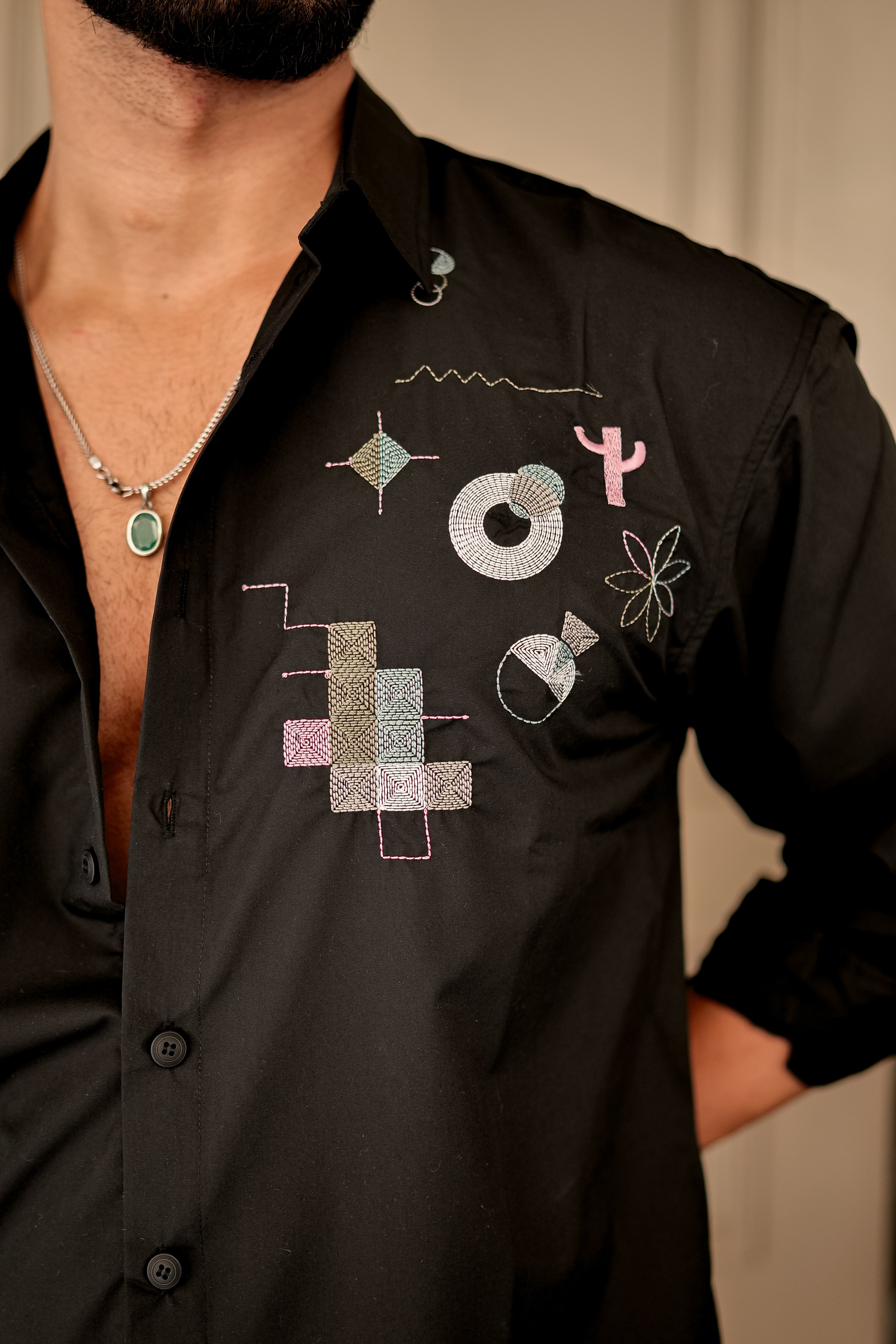 Fashion Casino Embroidery Black Premium Cotton Shirt