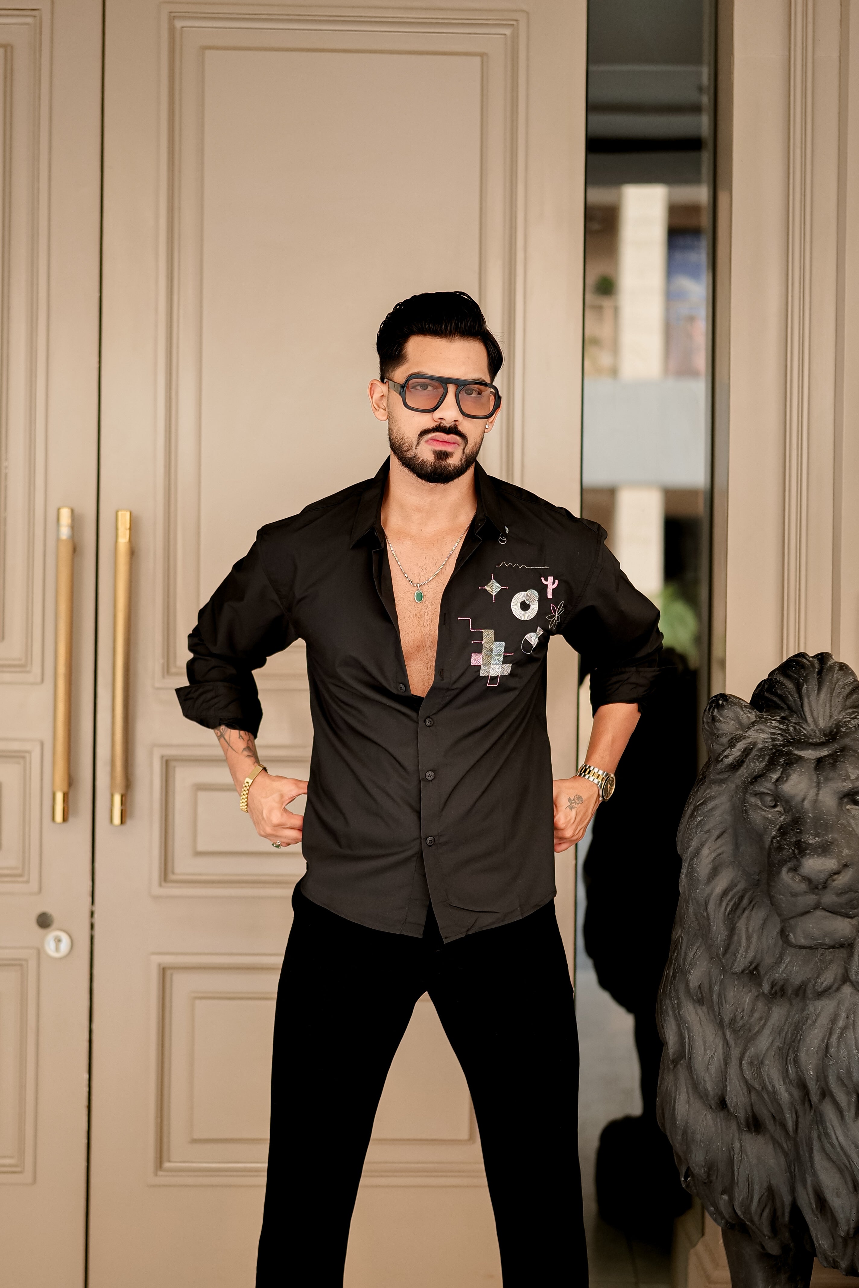 Fashion Casino Embroidery Black Premium Cotton Shirt