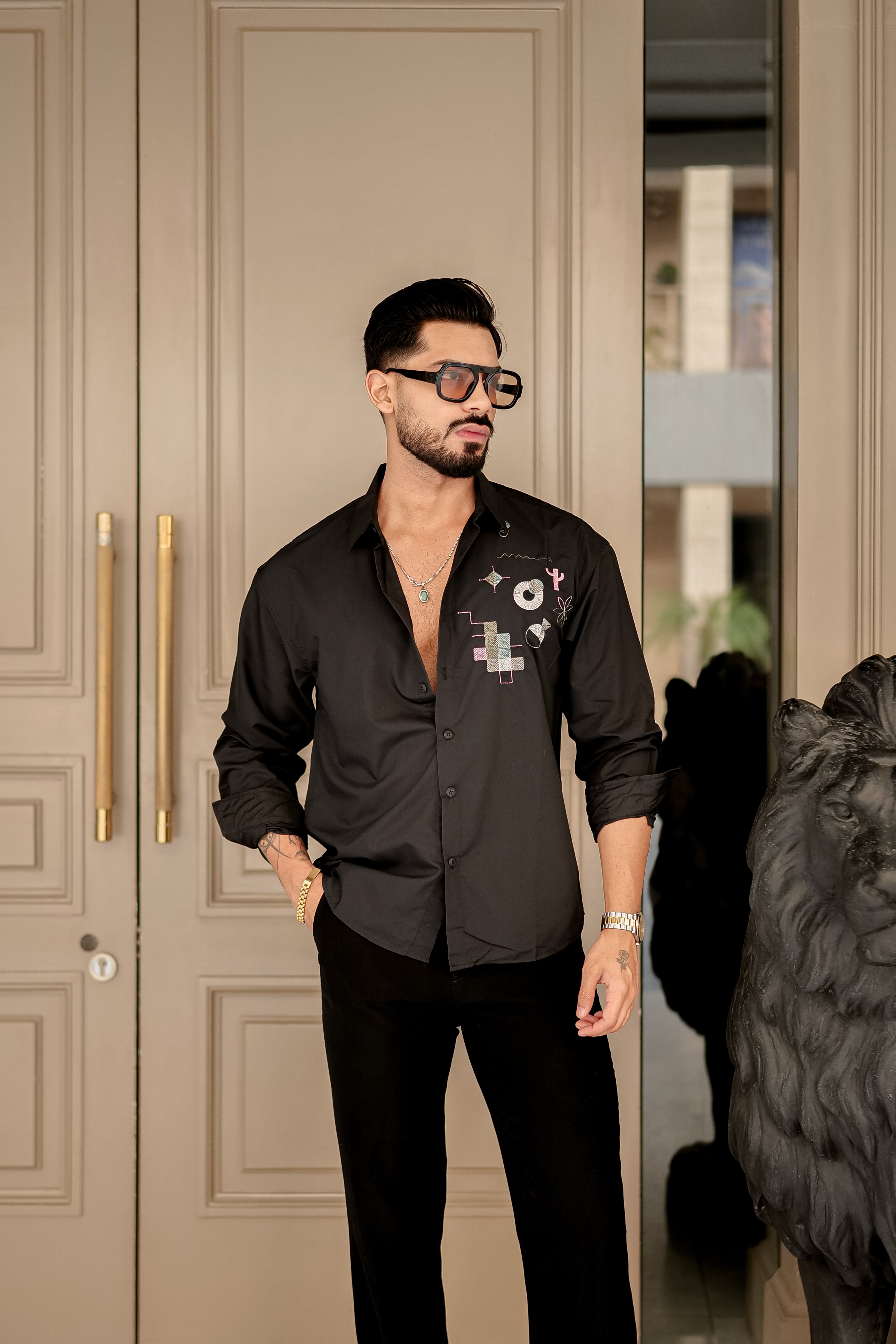 Fashion Casino Embroidery Black Premium Cotton Shirt