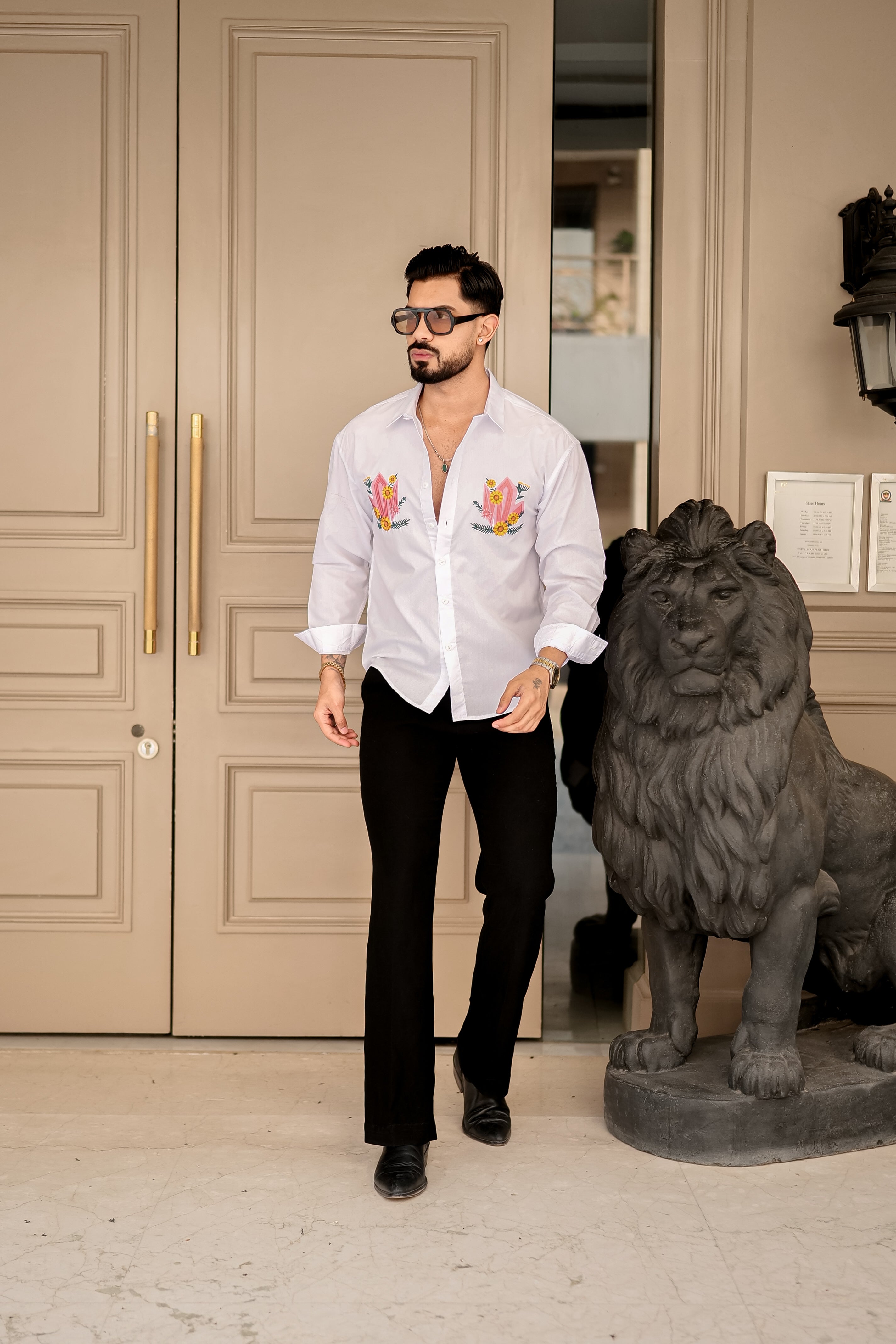 Fashion Casino Embroidery White Shirt & Yellow flower Design Premium Cotton Shirt
