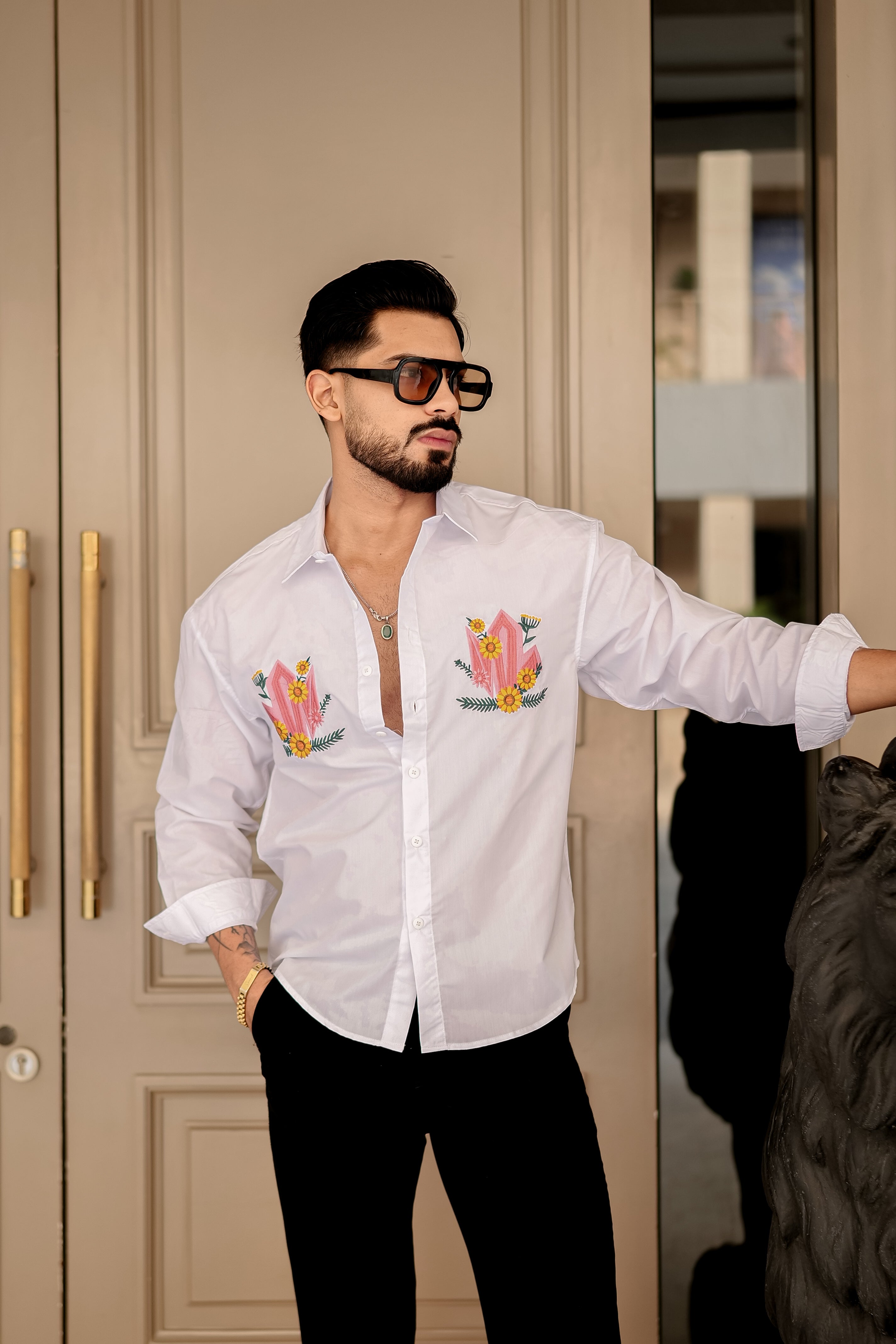 Fashion Casino Embroidery White Shirt & Yellow flower Design Premium Cotton Shirt