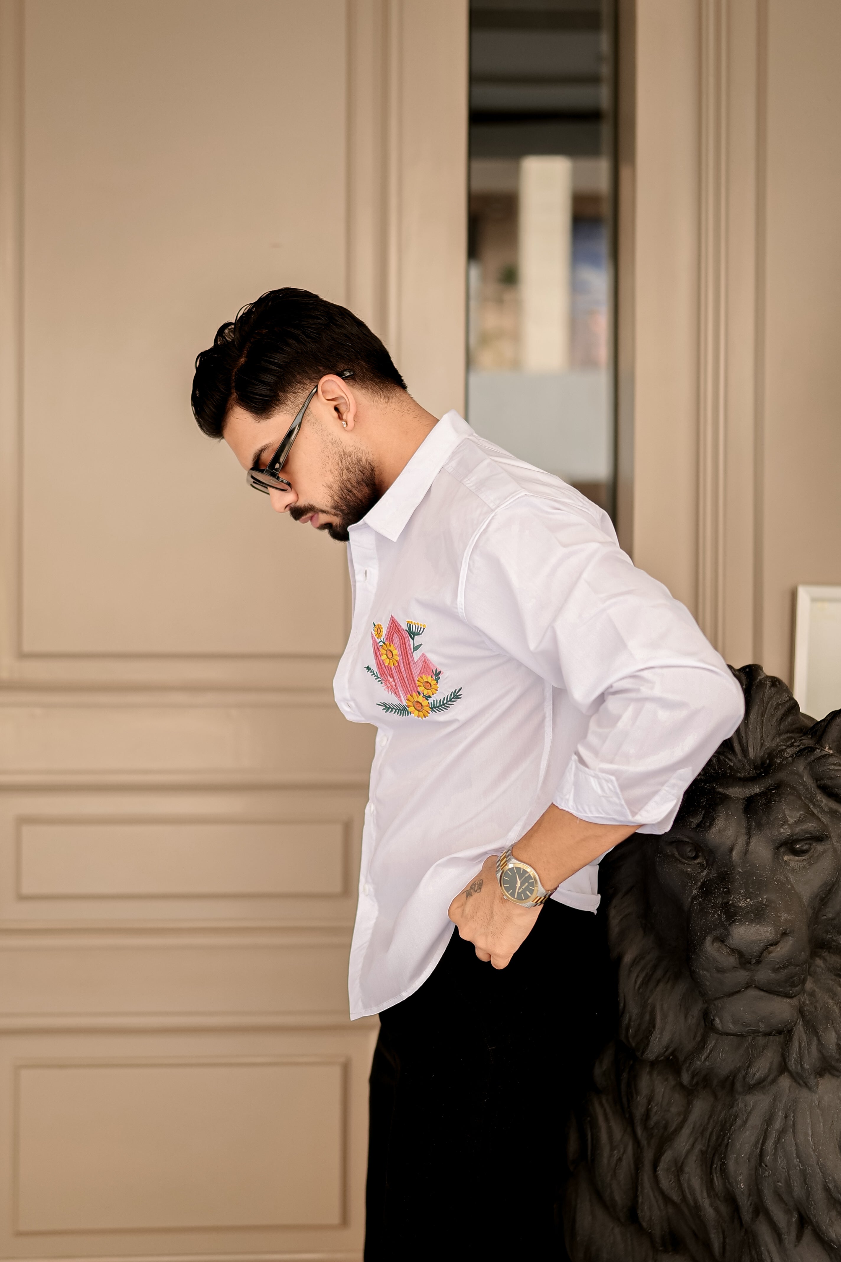 Fashion Casino Embroidery White Shirt & Yellow flower Design Premium Cotton Shirt