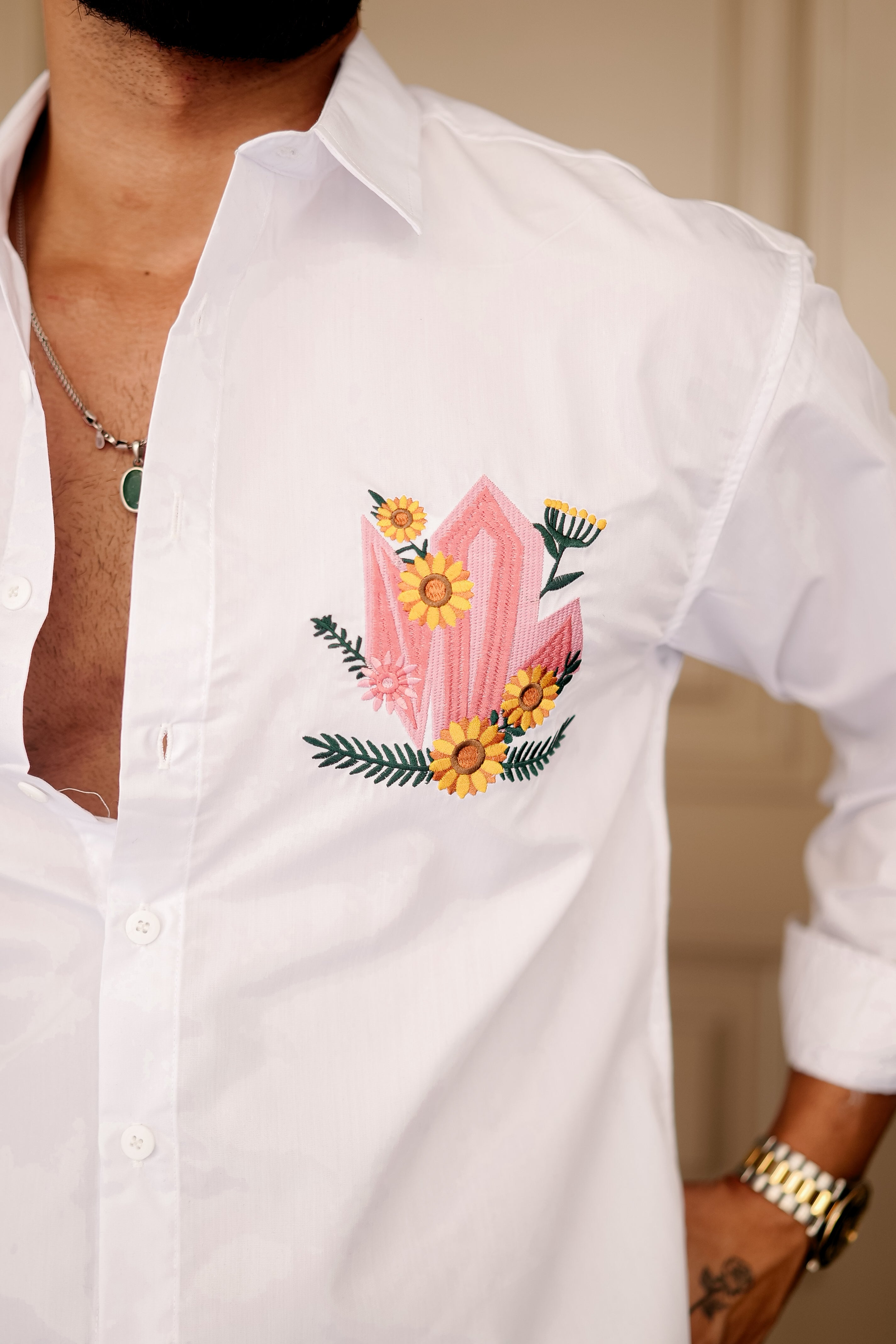 Fashion Casino Embroidery White Shirt & Yellow flower Design Premium Cotton Shirt