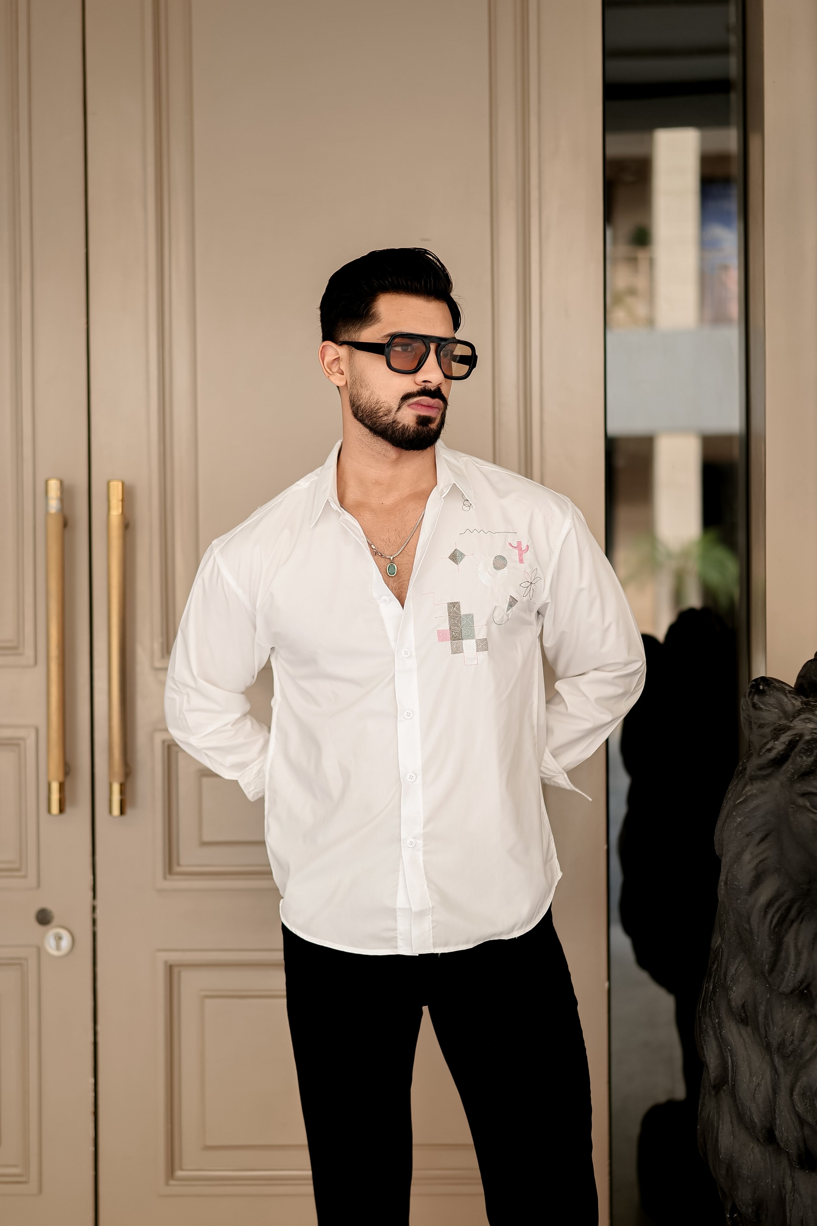 Fashion Casino Embroidery White Premium Cotton Shirt