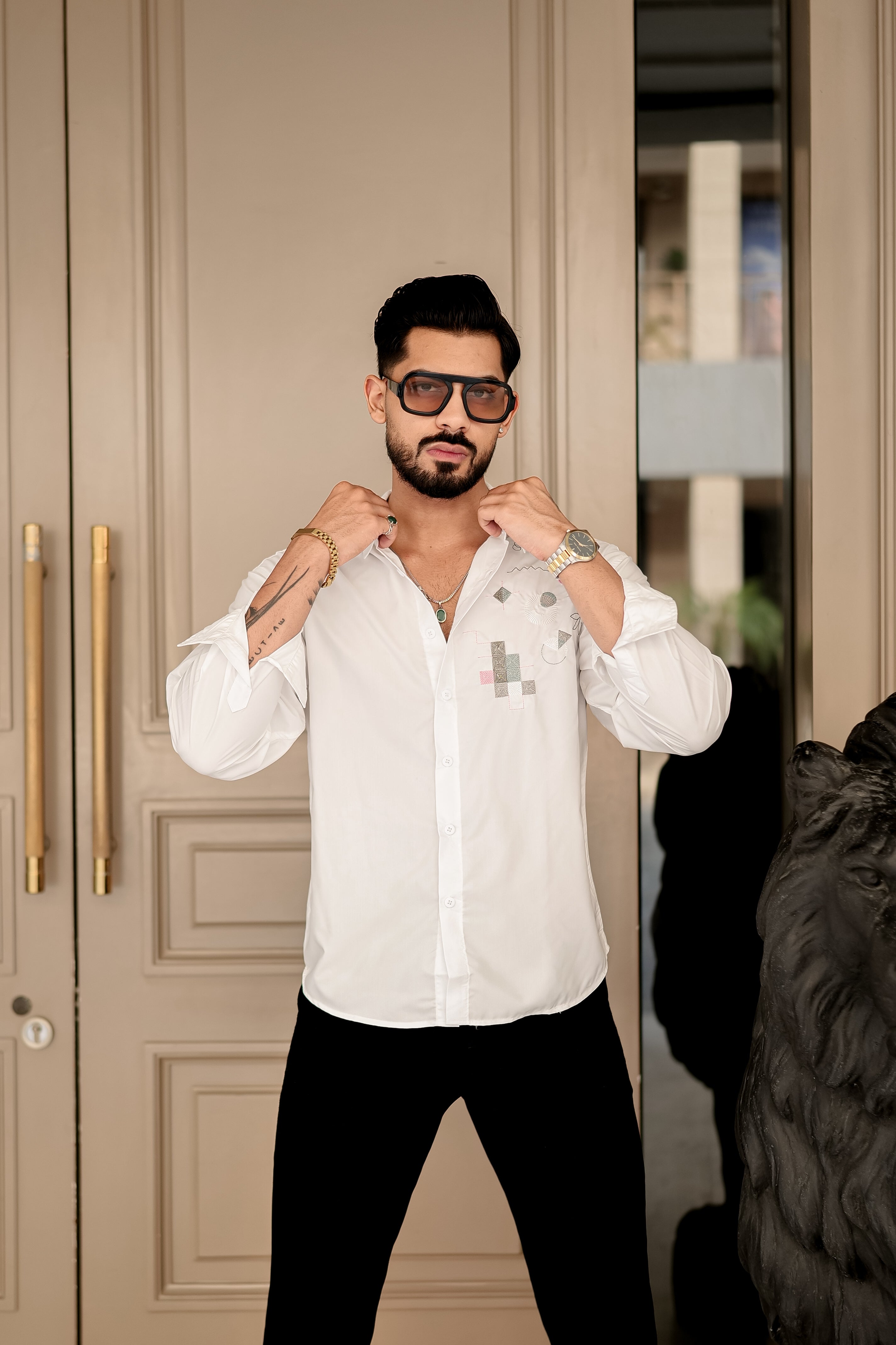 Fashion Casino Embroidery White Premium Cotton Shirt