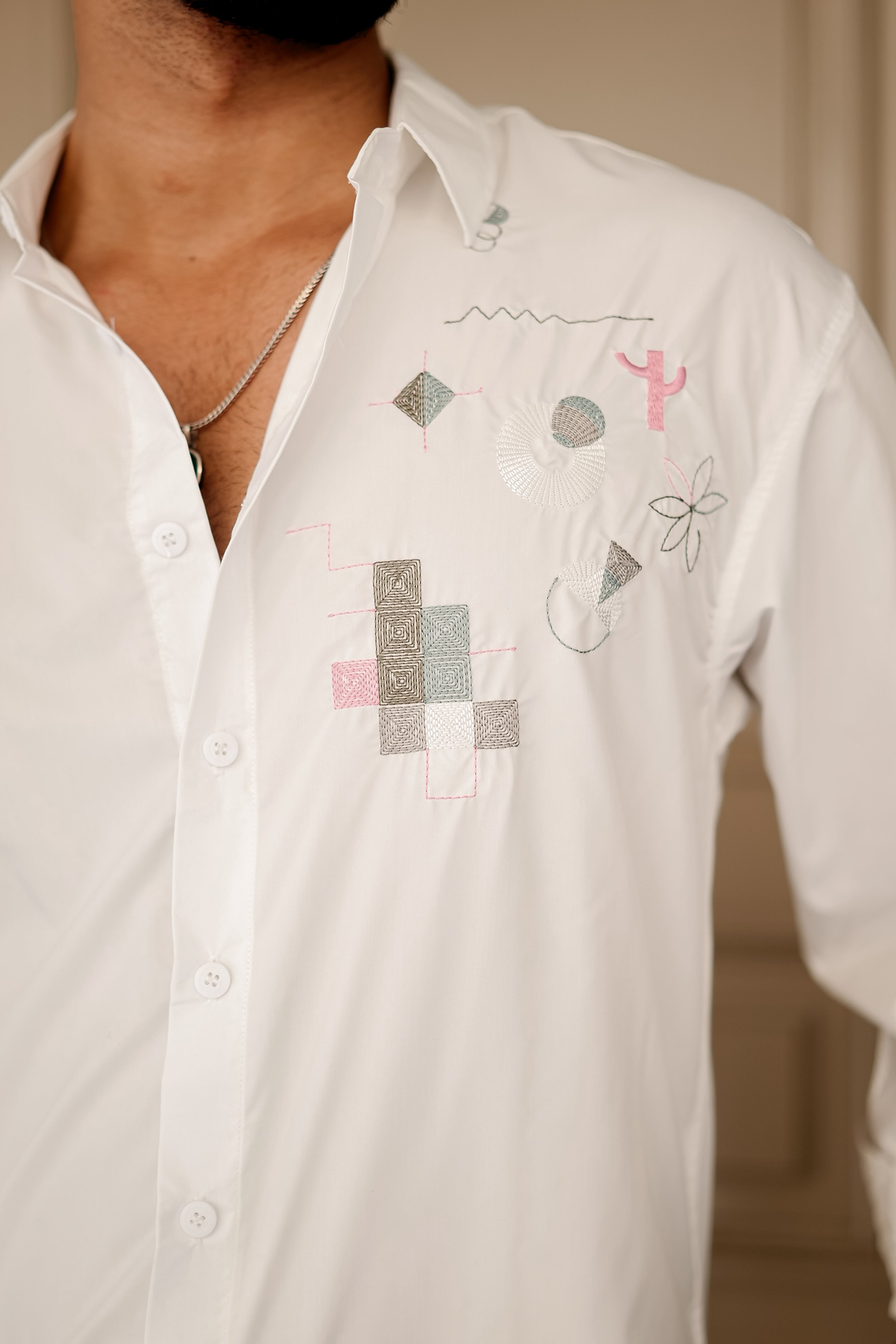 Fashion Casino Embroidery White Premium Cotton Shirt