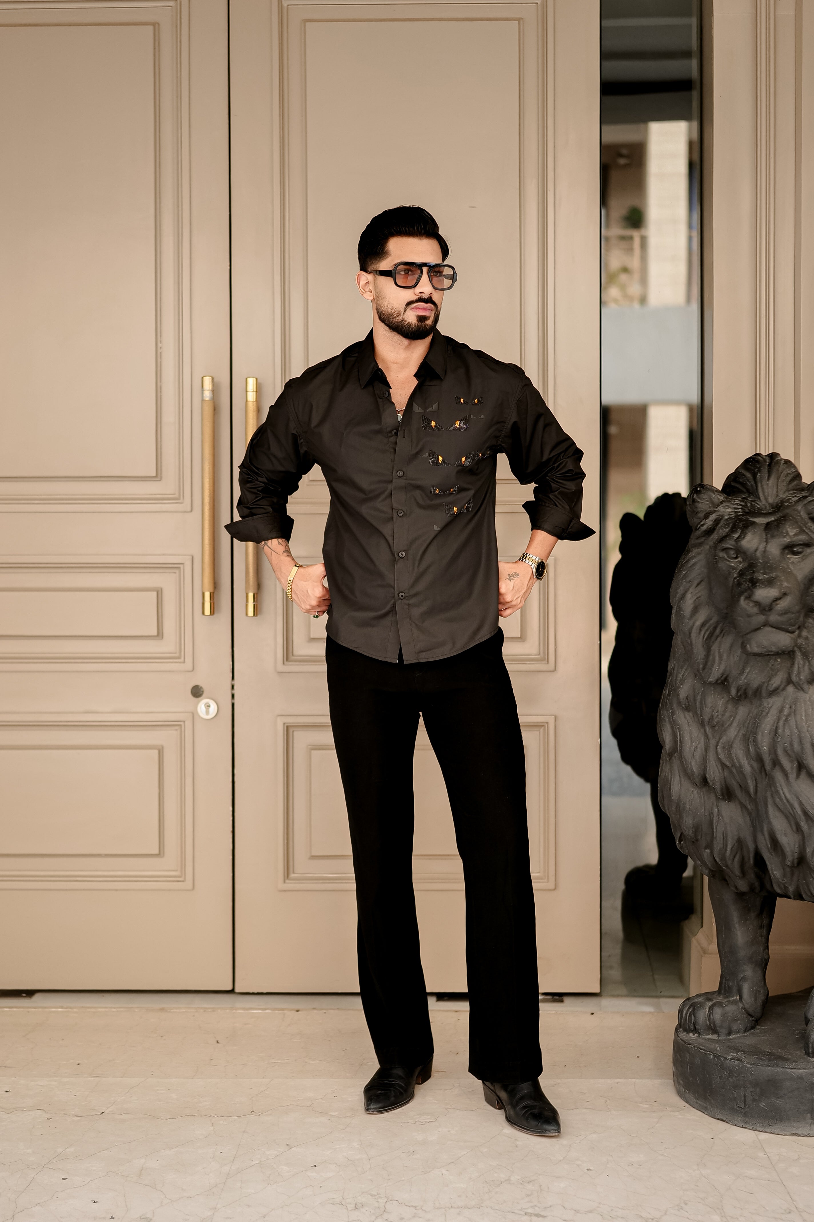 Fashion Casino Embroidery Black Premium Cotton Shirt