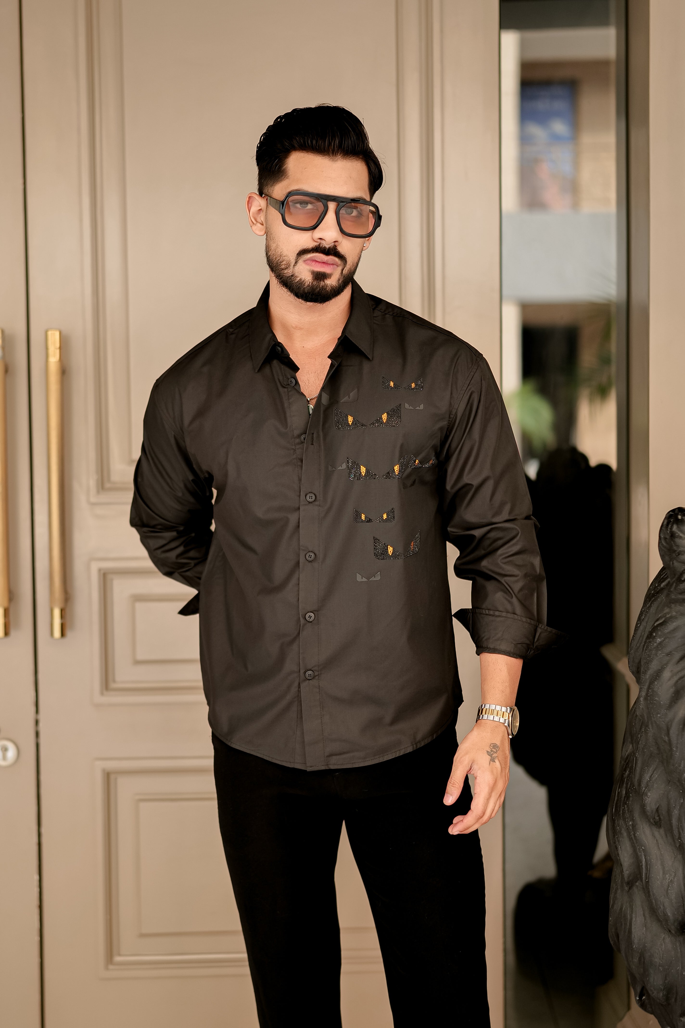 Fashion Casino Embroidery Black Premium Cotton Shirt