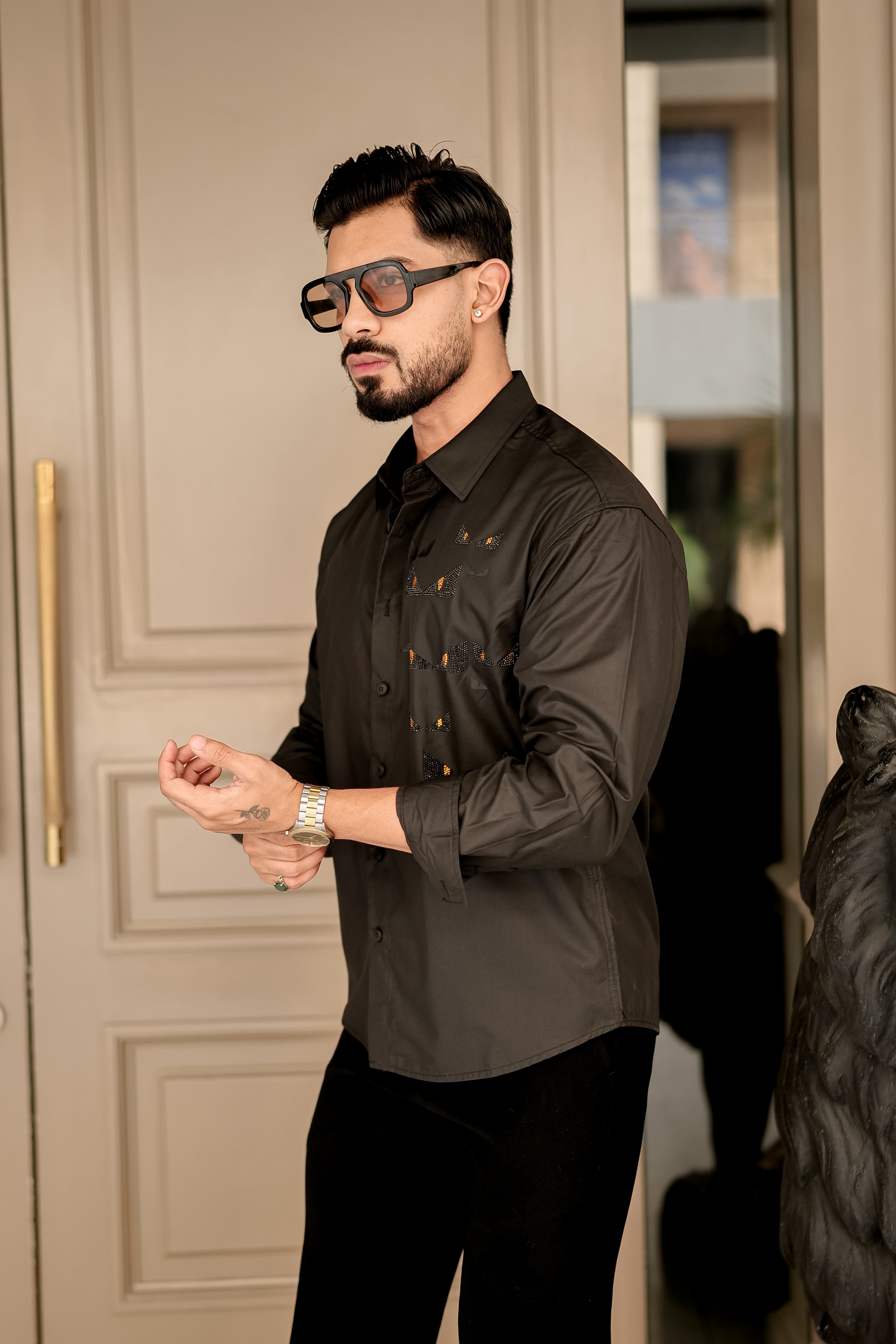 Fashion Casino Embroidery Black Premium Cotton Shirt