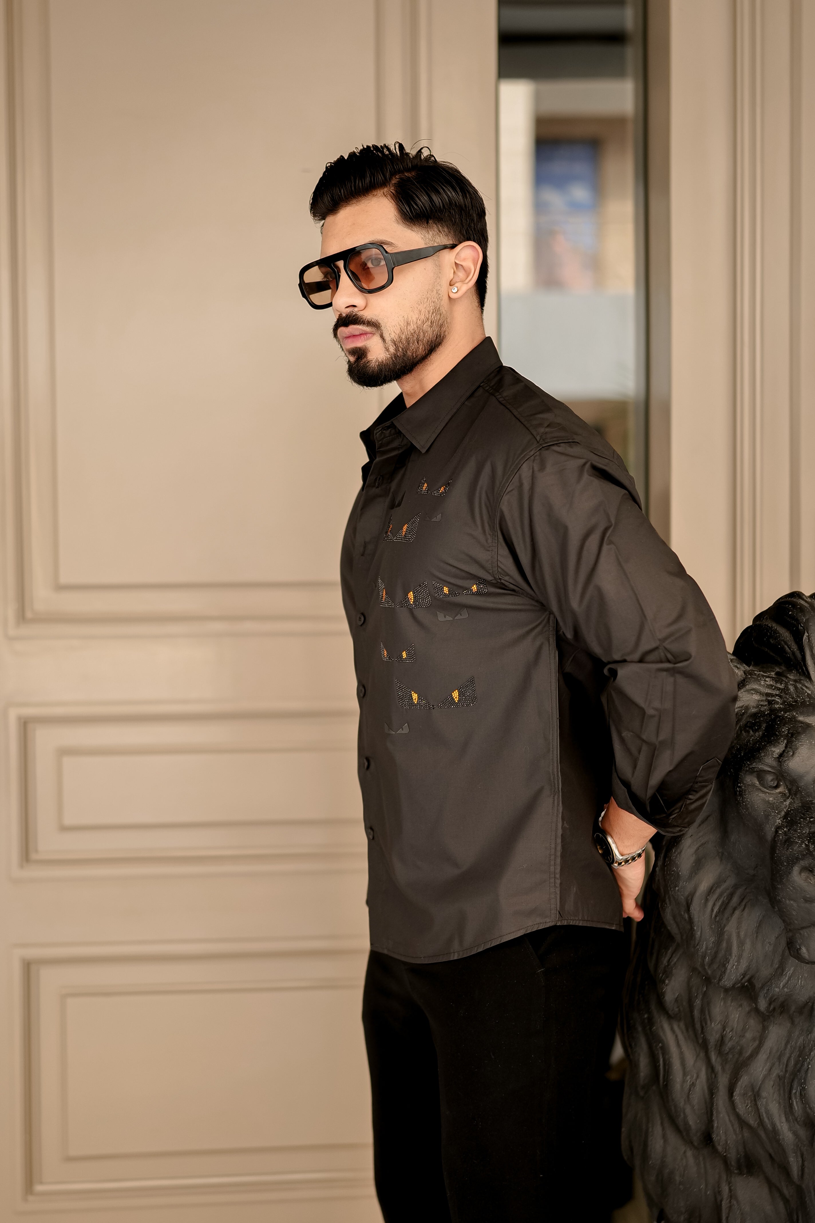Fashion Casino Embroidery Black Premium Cotton Shirt