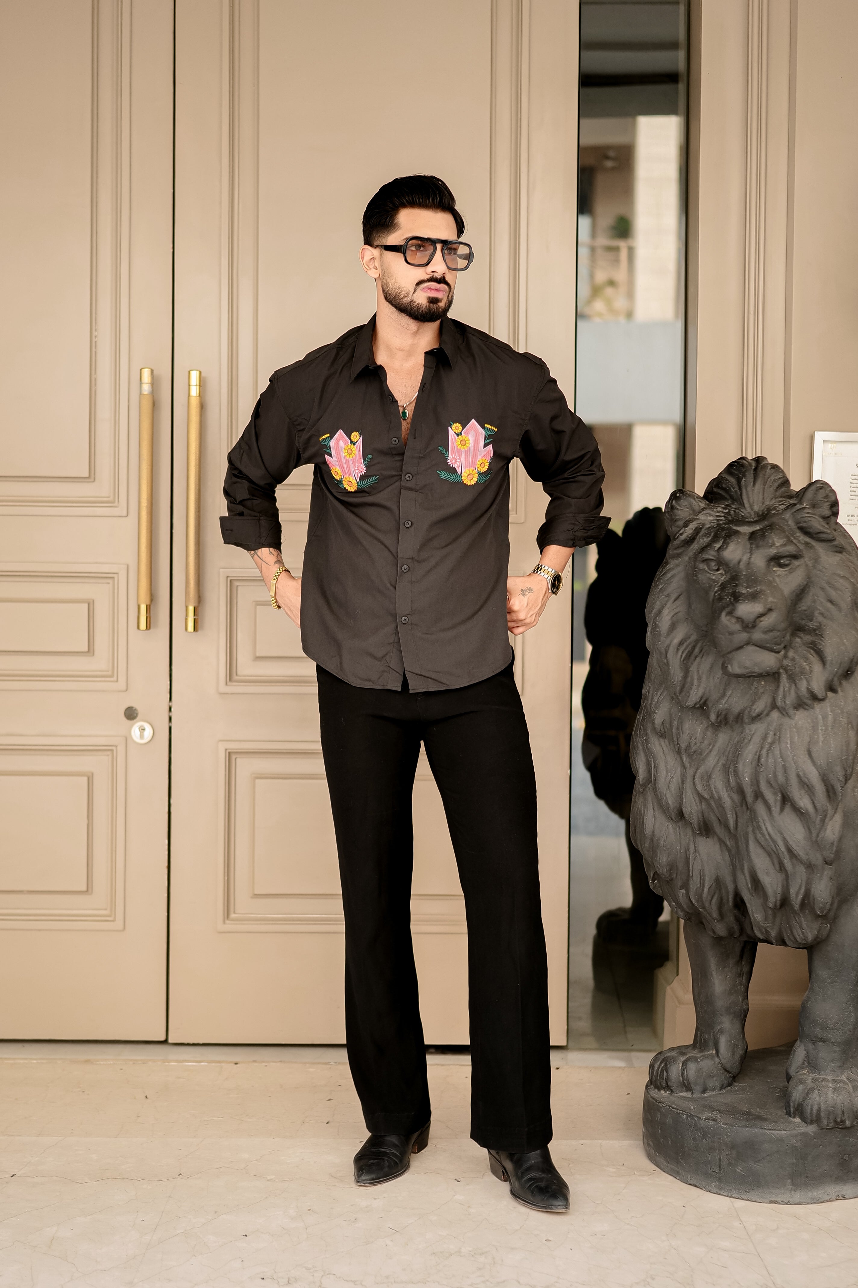 Fashion Casino Embroidery Brown Premium Cotton Shirt