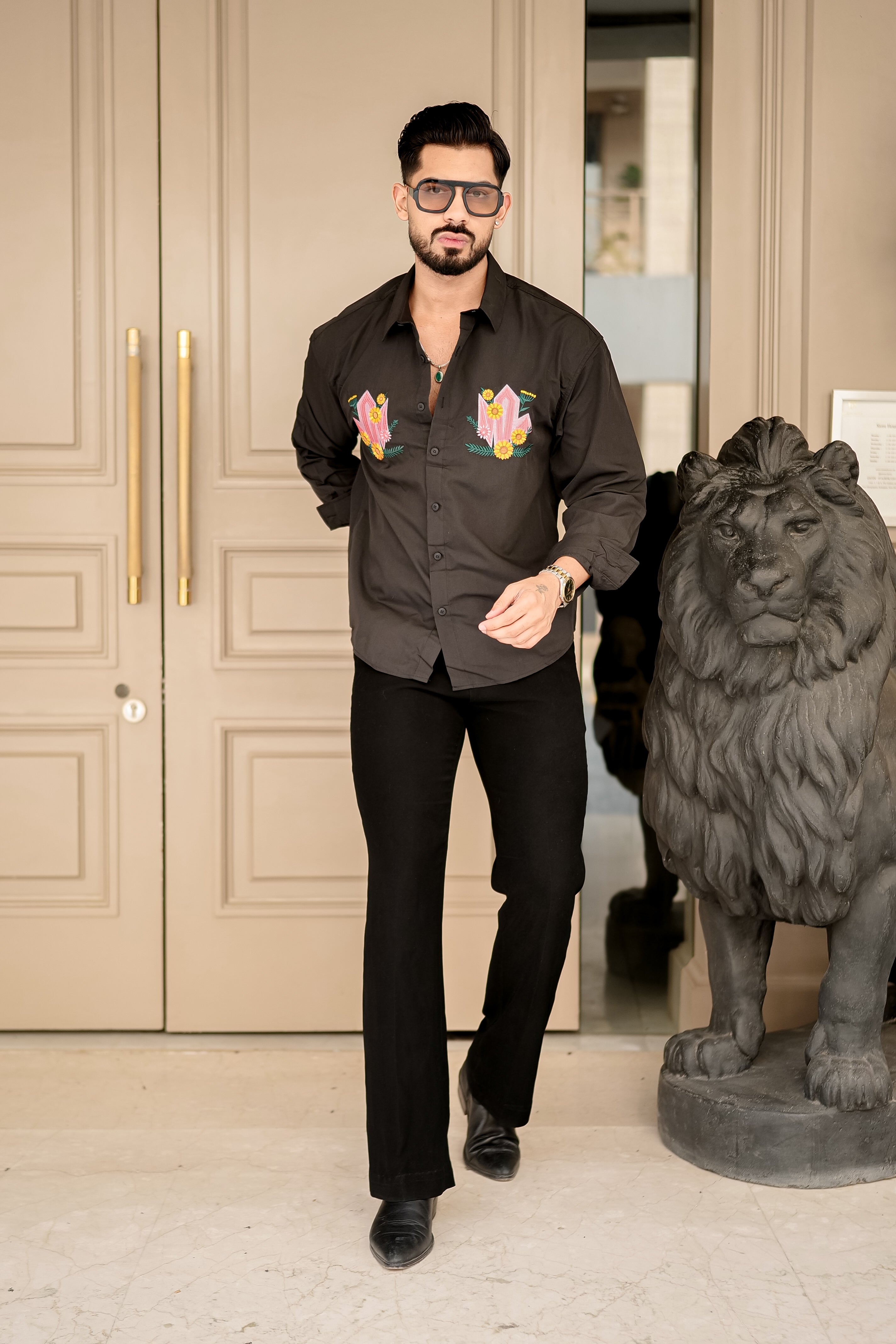 Fashion Casino Embroidery Brown Premium Cotton Shirt