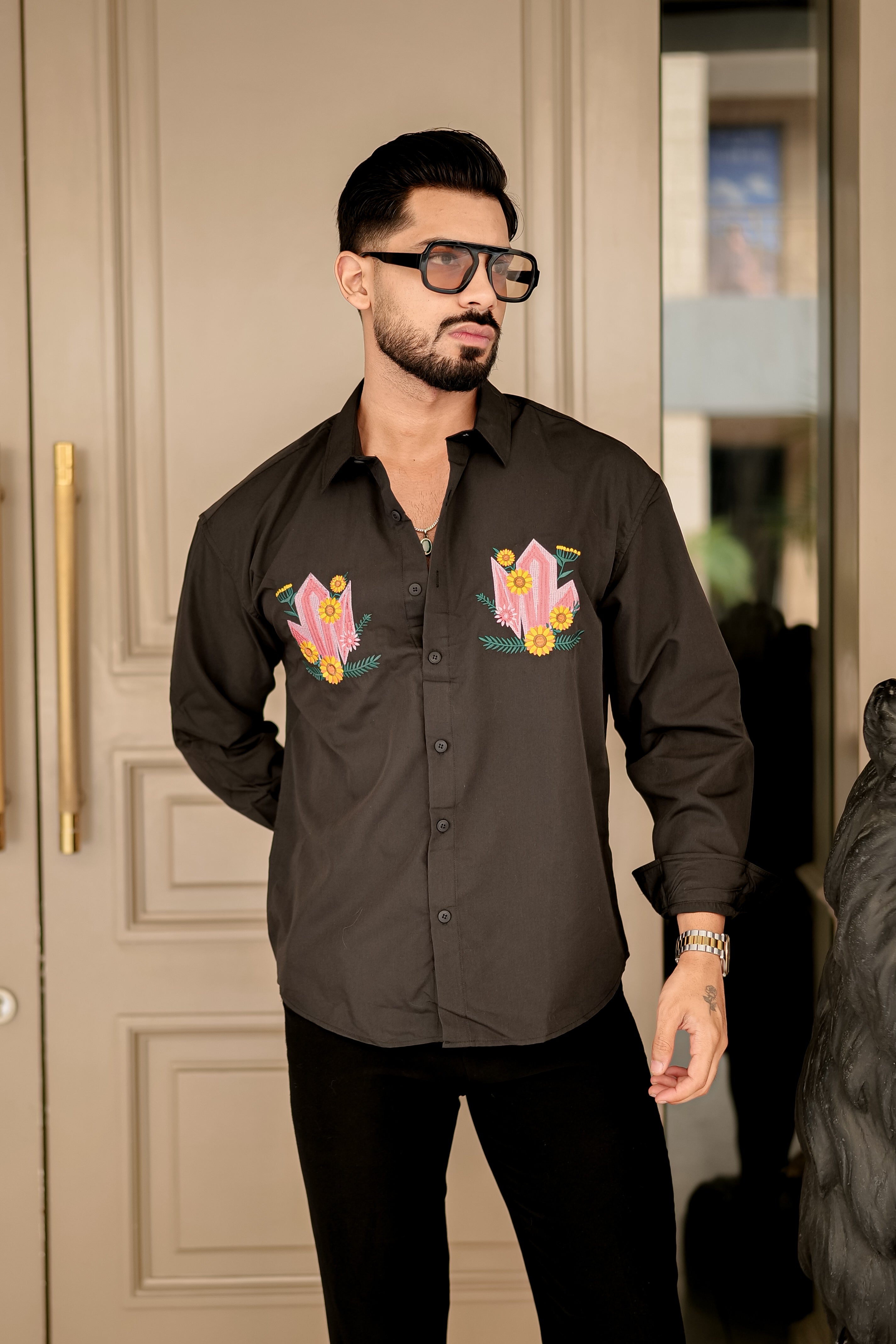 Fashion Casino Embroidery Brown Premium Cotton Shirt