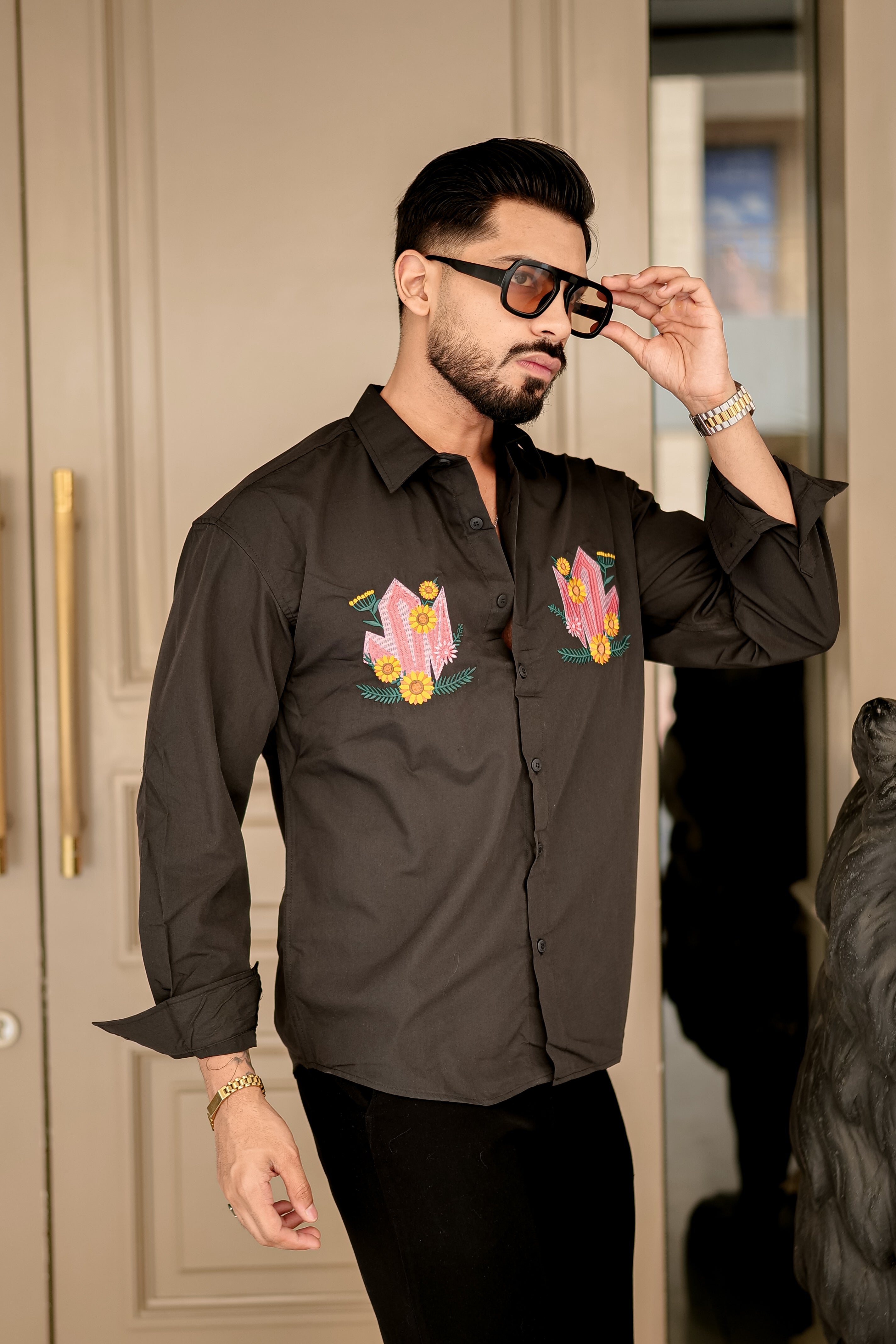 Fashion Casino Embroidery Brown Premium Cotton Shirt