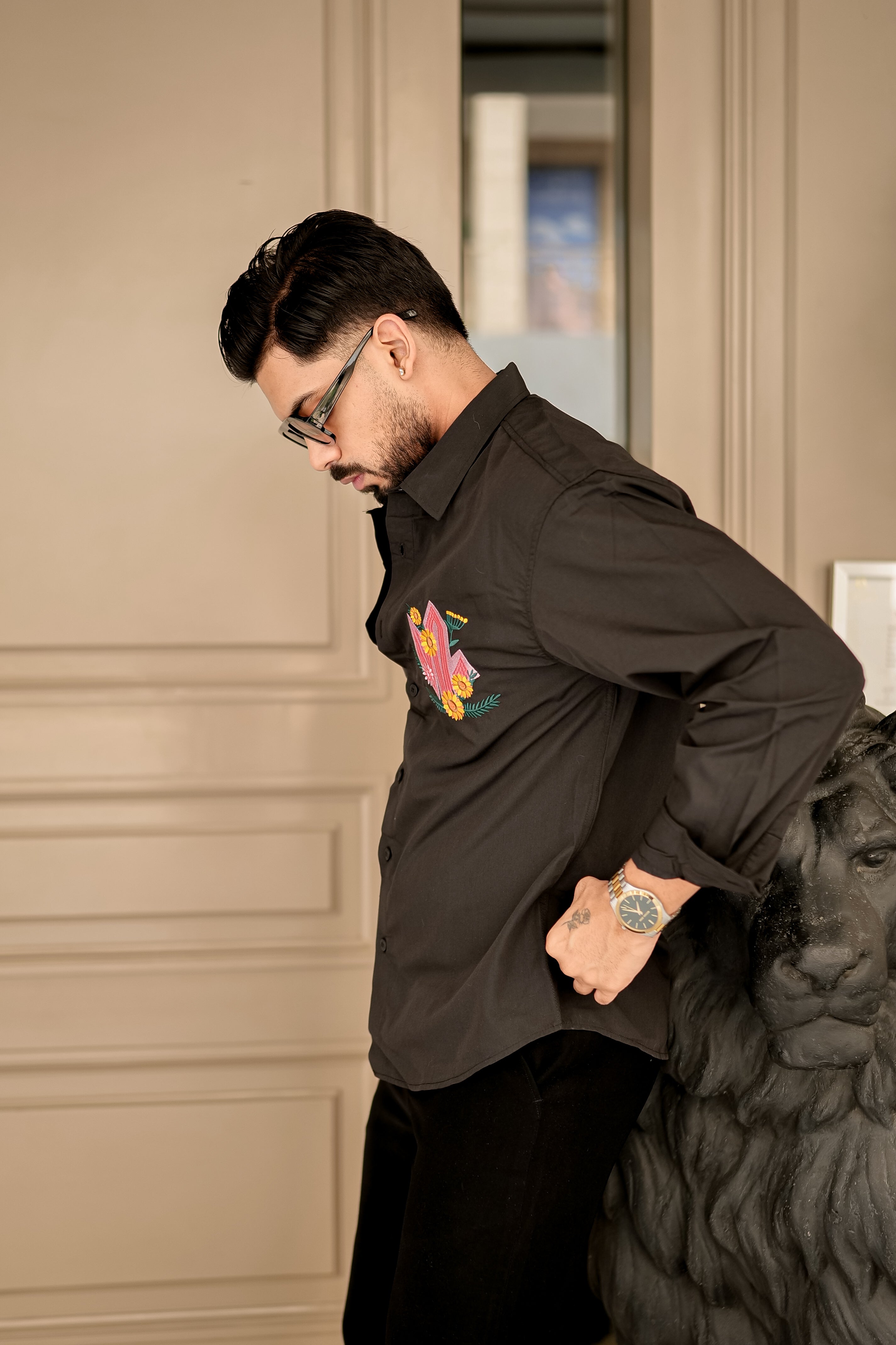 Fashion Casino Embroidery Brown Premium Cotton Shirt
