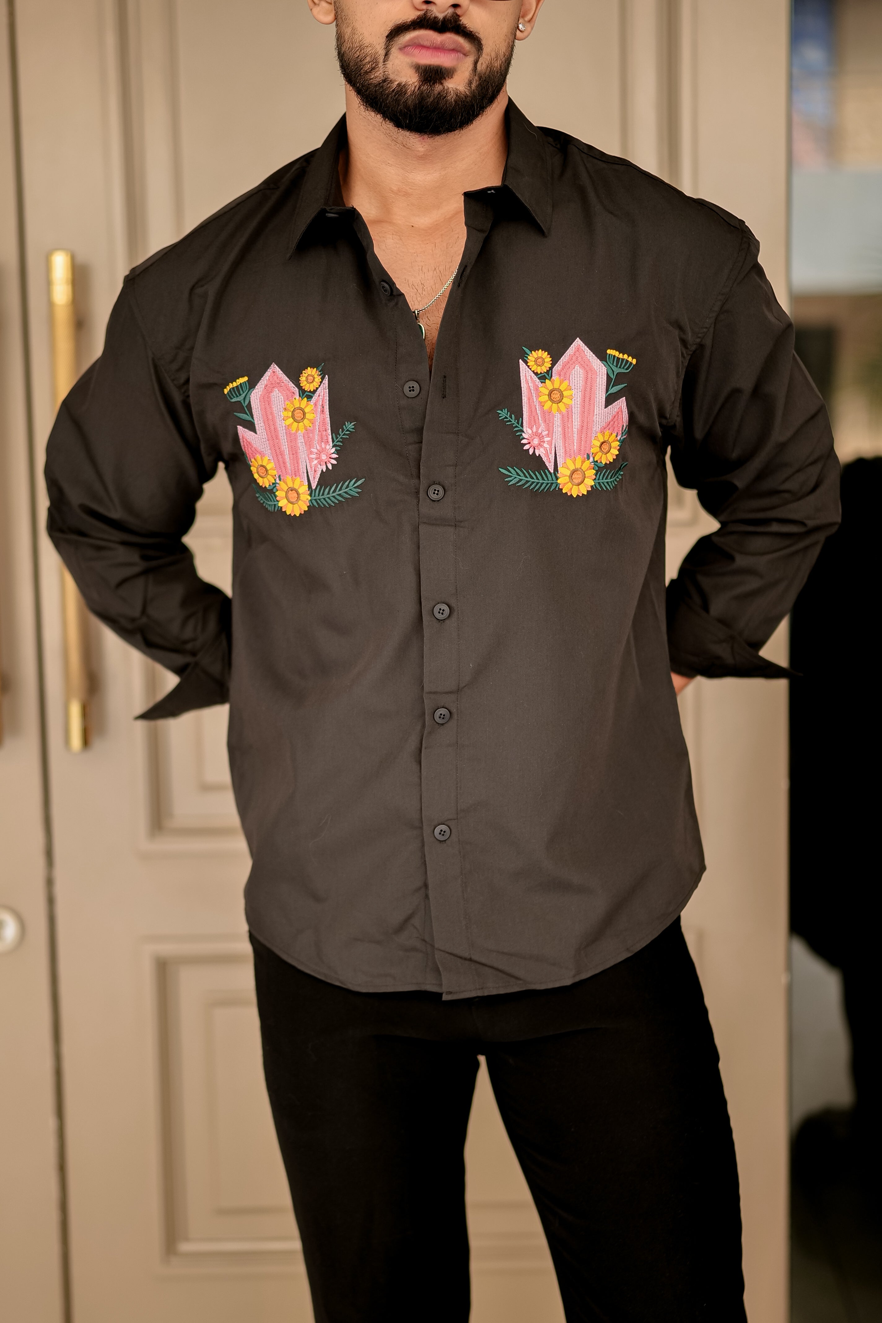 Fashion Casino Embroidery Brown Premium Cotton Shirt