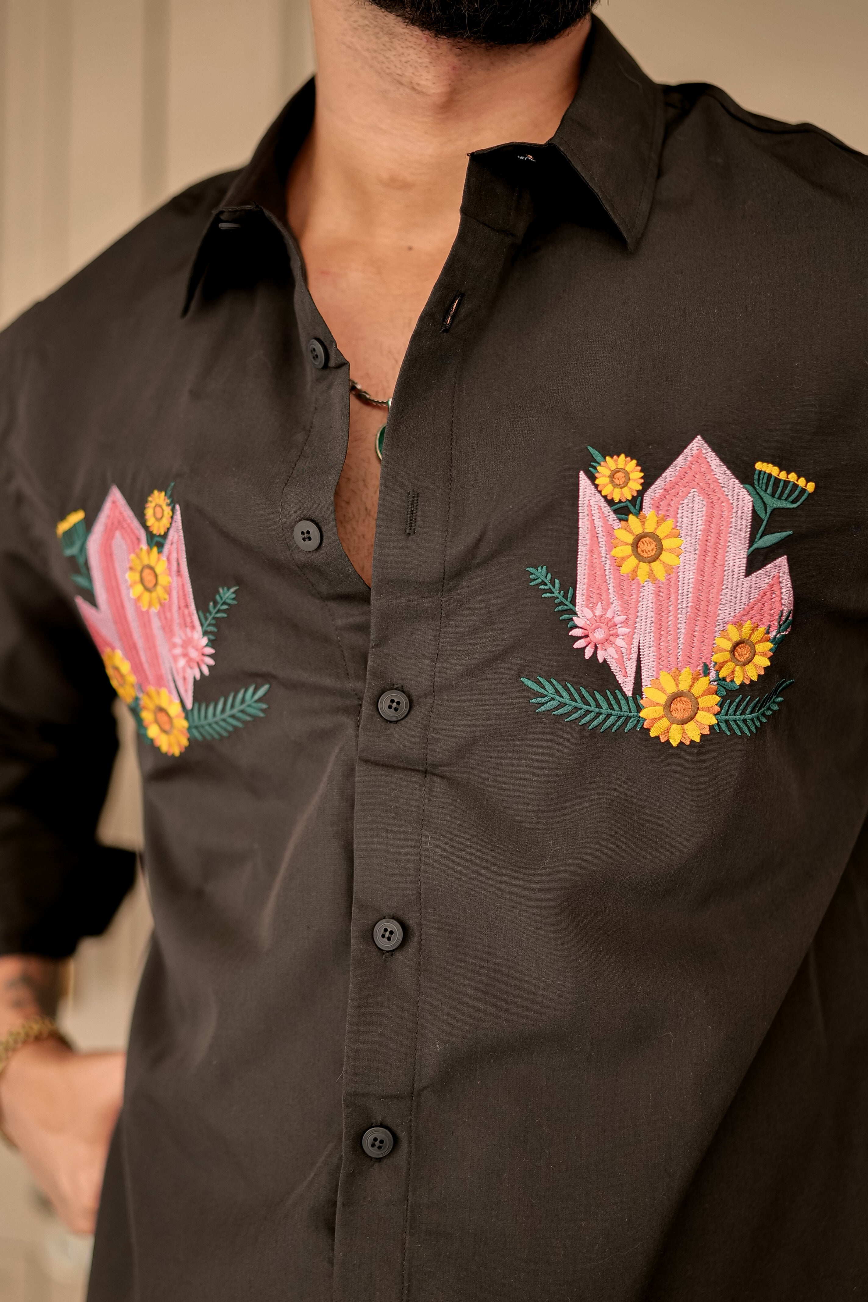 Fashion Casino Embroidery Brown Premium Cotton Shirt