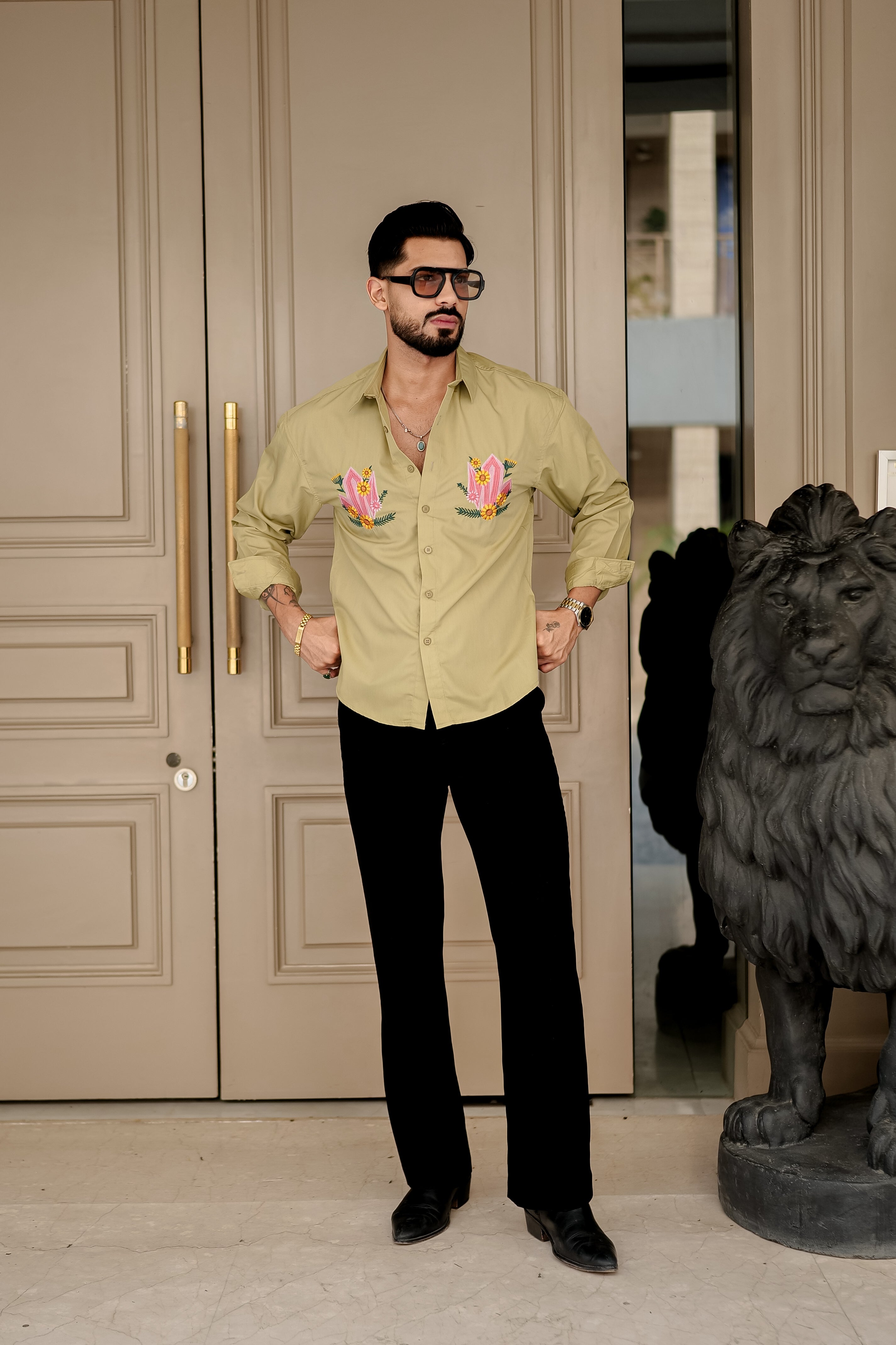 Fashion Casino Embroidery Light Yellowish Premium Cotton Shirt
