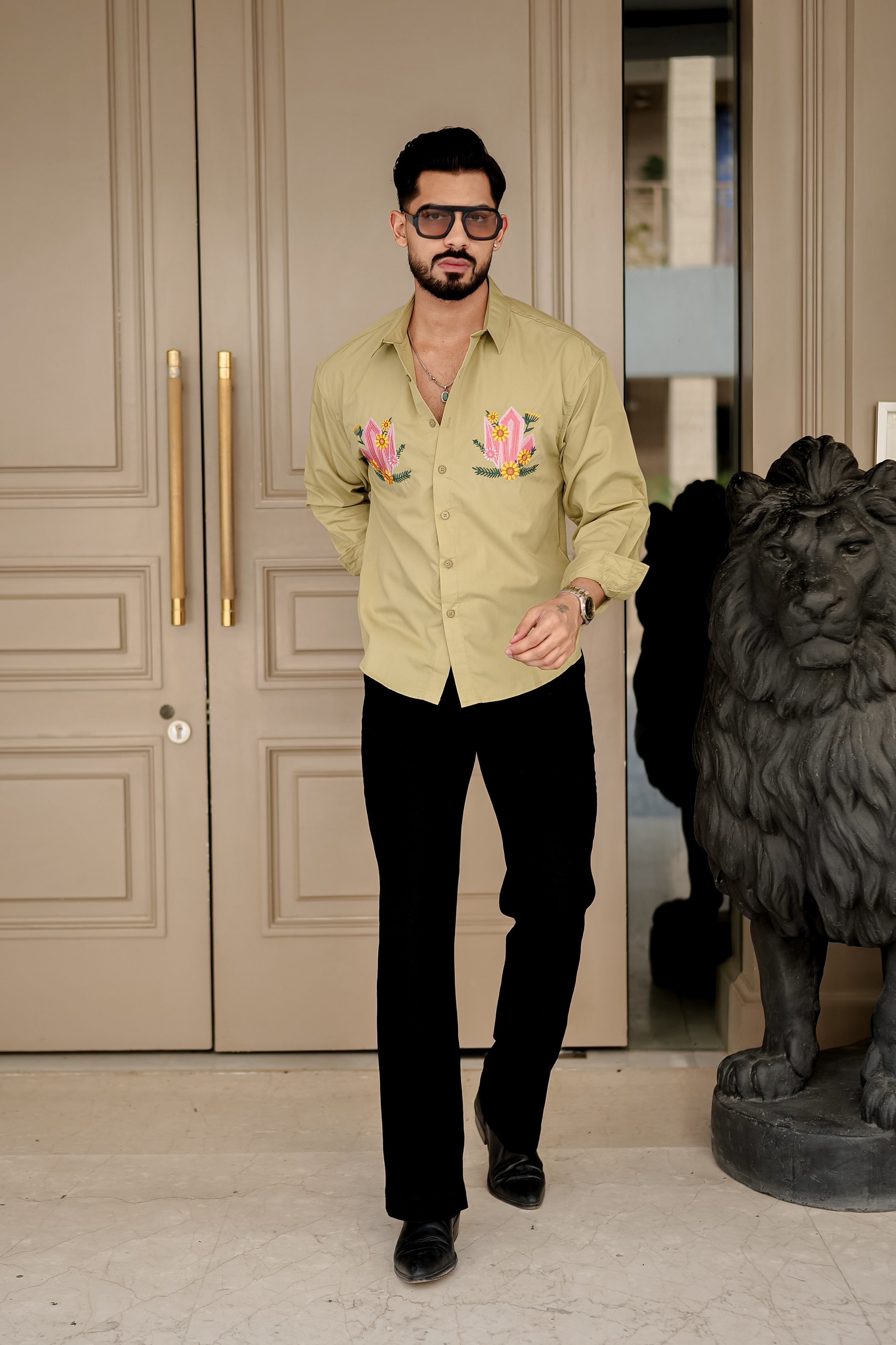 Fashion Casino Embroidery Light Yellowish Premium Cotton Shirt