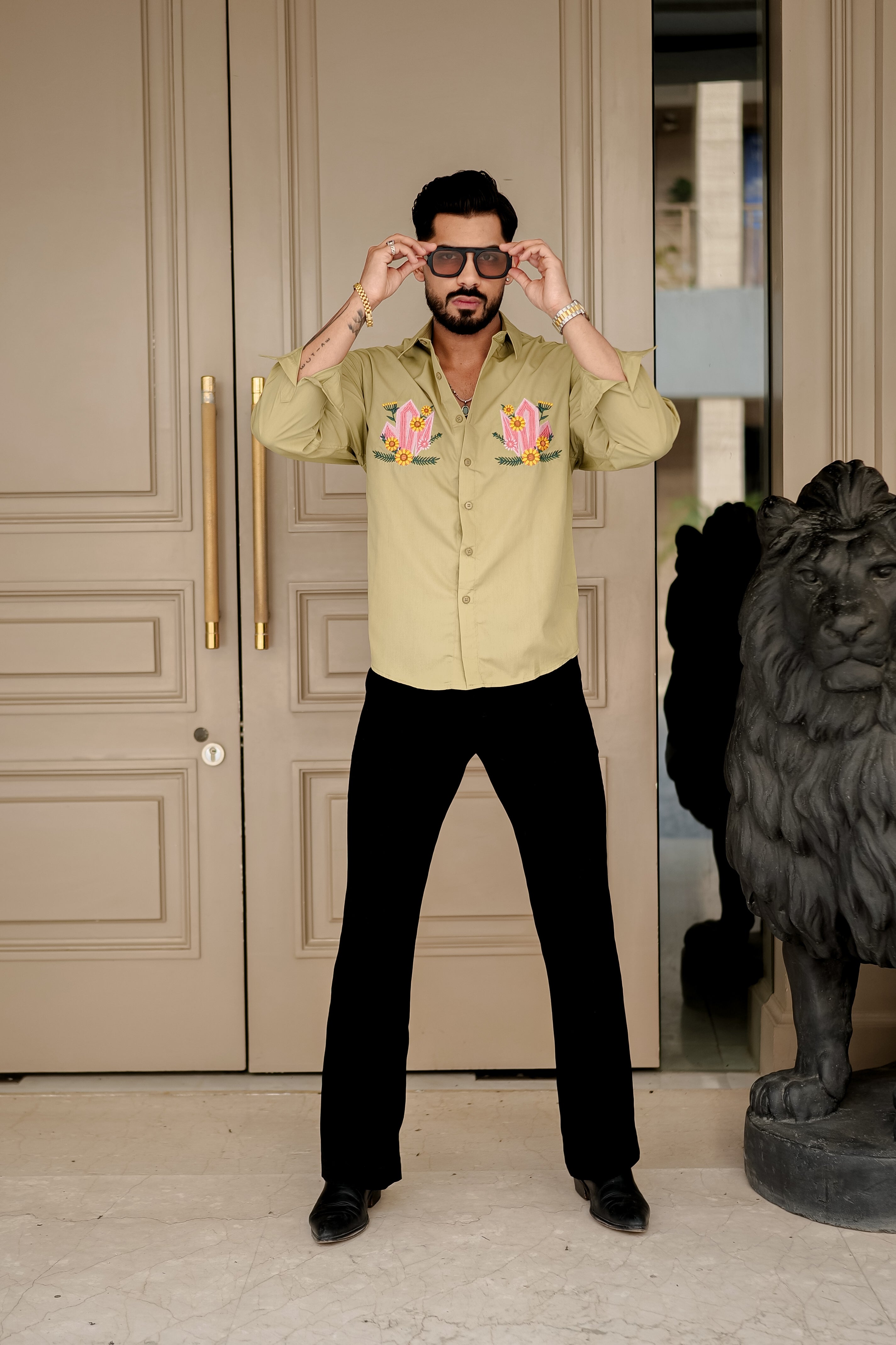 Fashion Casino Embroidery Light Yellowish Premium Cotton Shirt