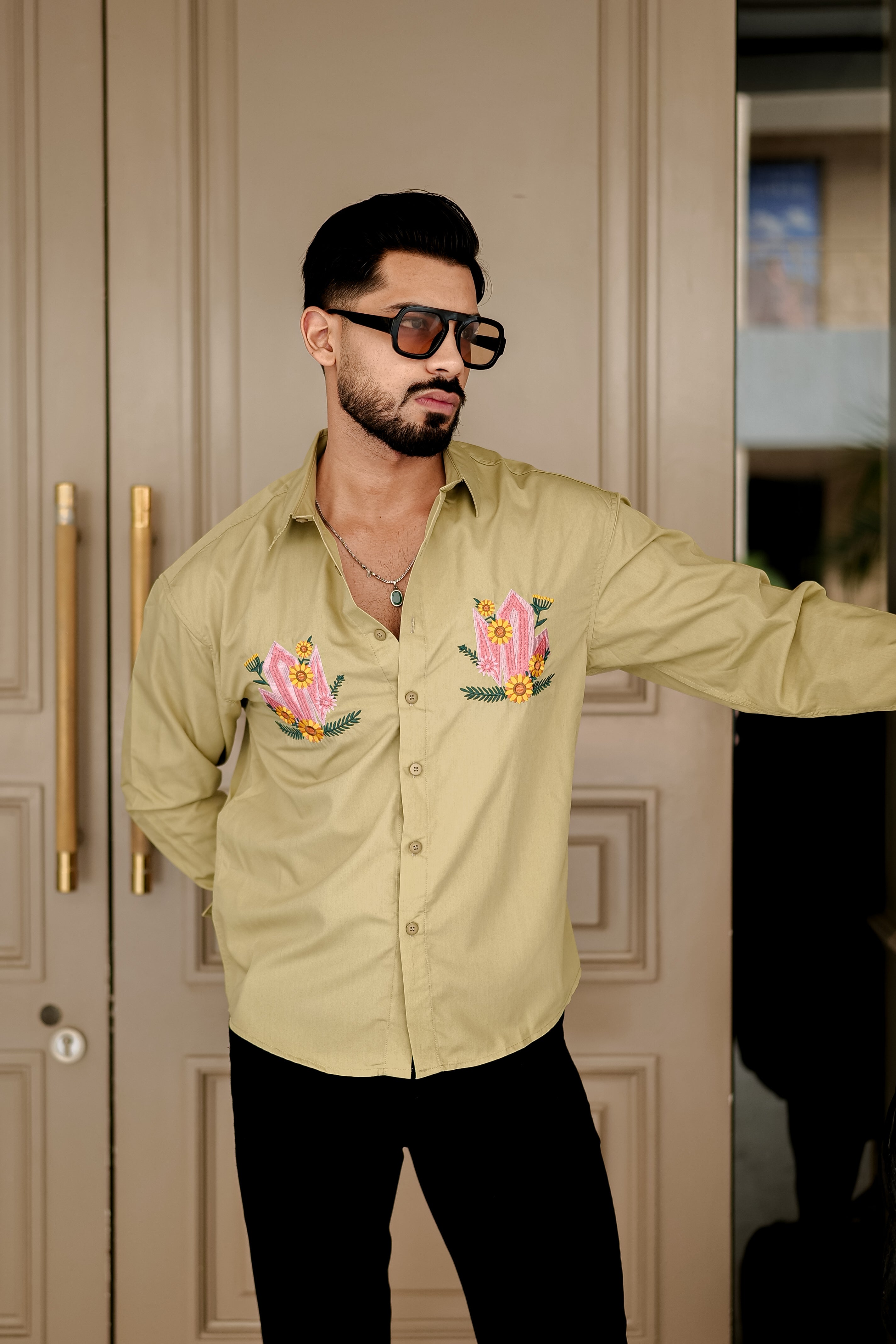 Fashion Casino Embroidery Light Yellowish Premium Cotton Shirt