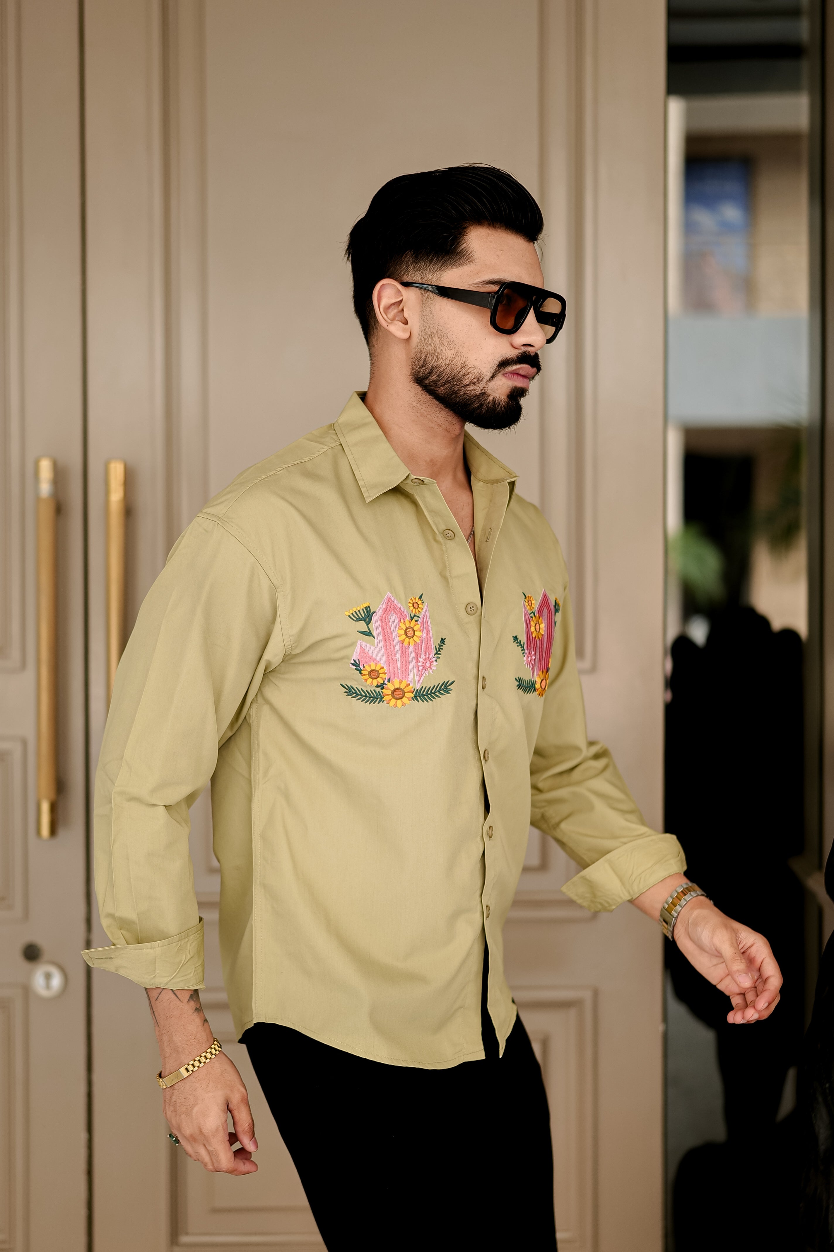 Fashion Casino Embroidery Light Yellowish Premium Cotton Shirt