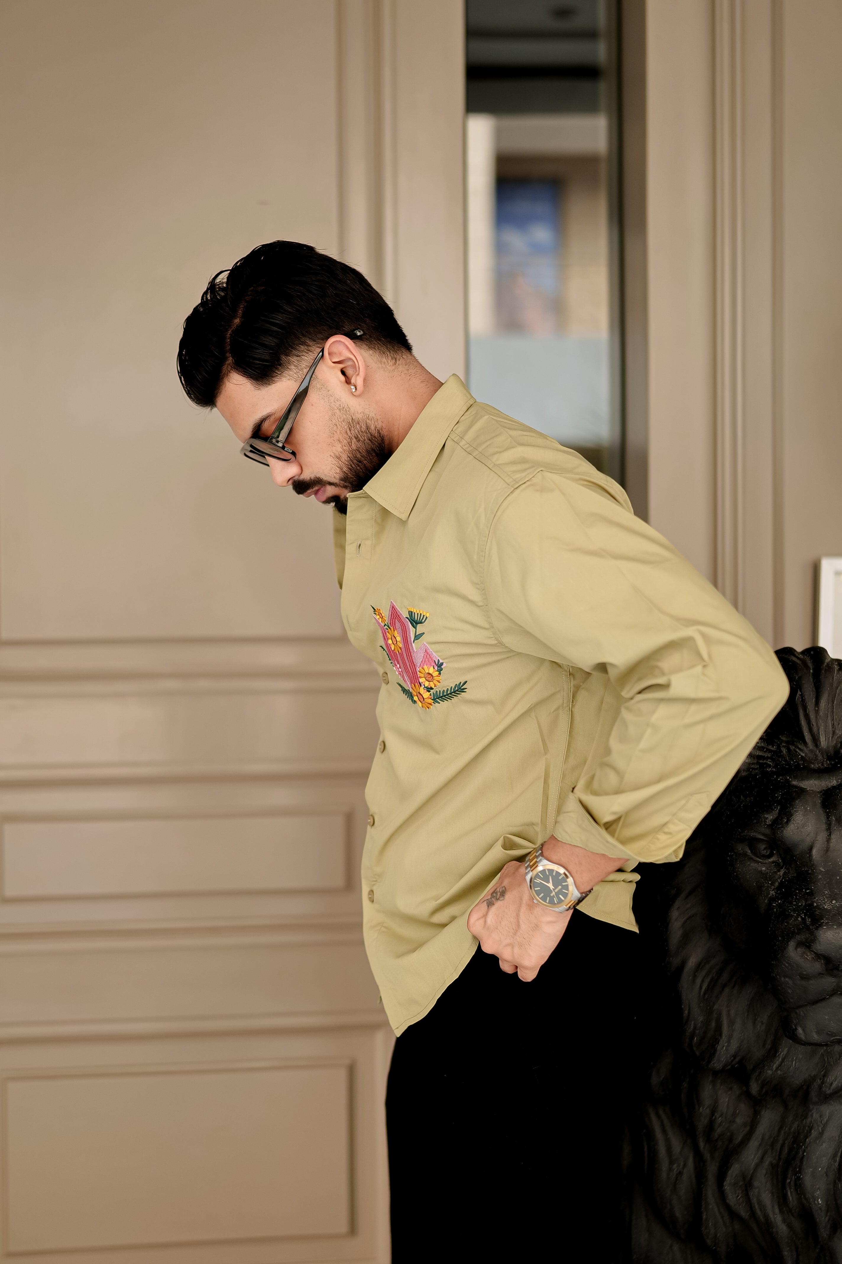 Fashion Casino Embroidery Light Yellowish Premium Cotton Shirt