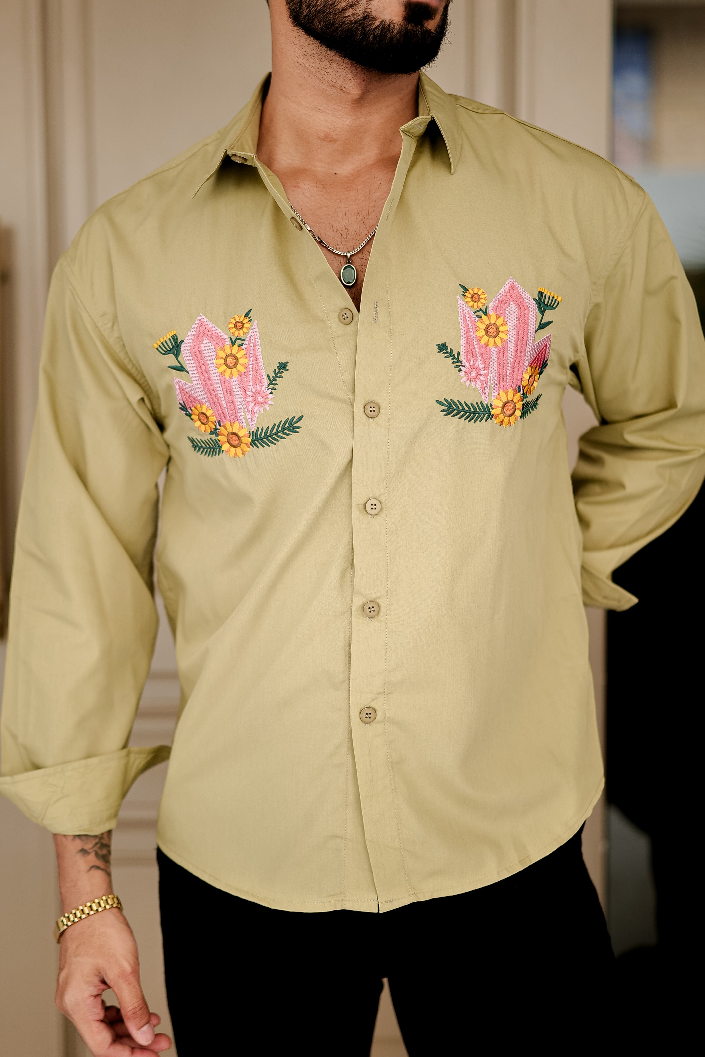Fashion Casino Embroidery Light Yellowish Premium Cotton Shirt