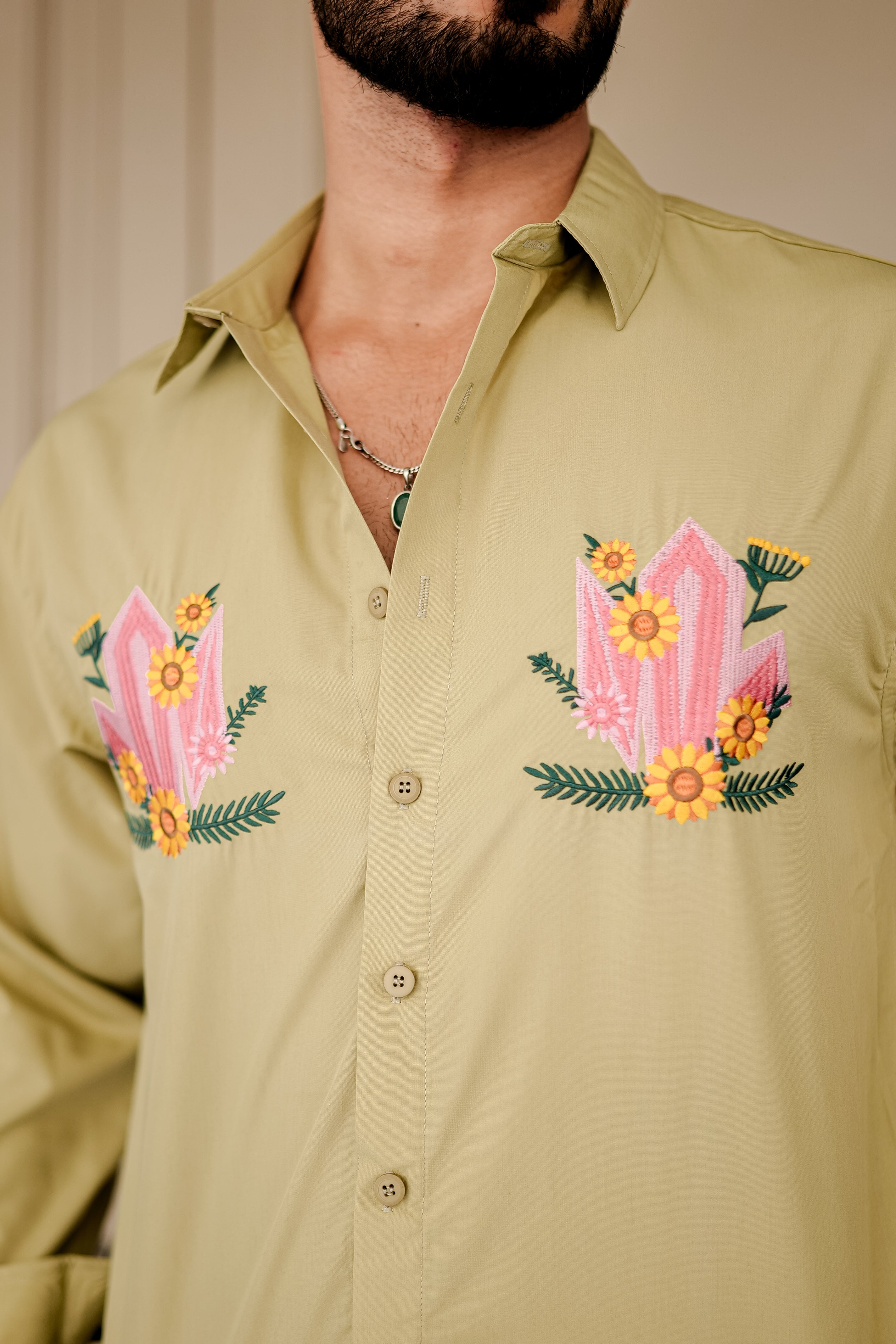 Fashion Casino Embroidery Light Yellowish Premium Cotton Shirt