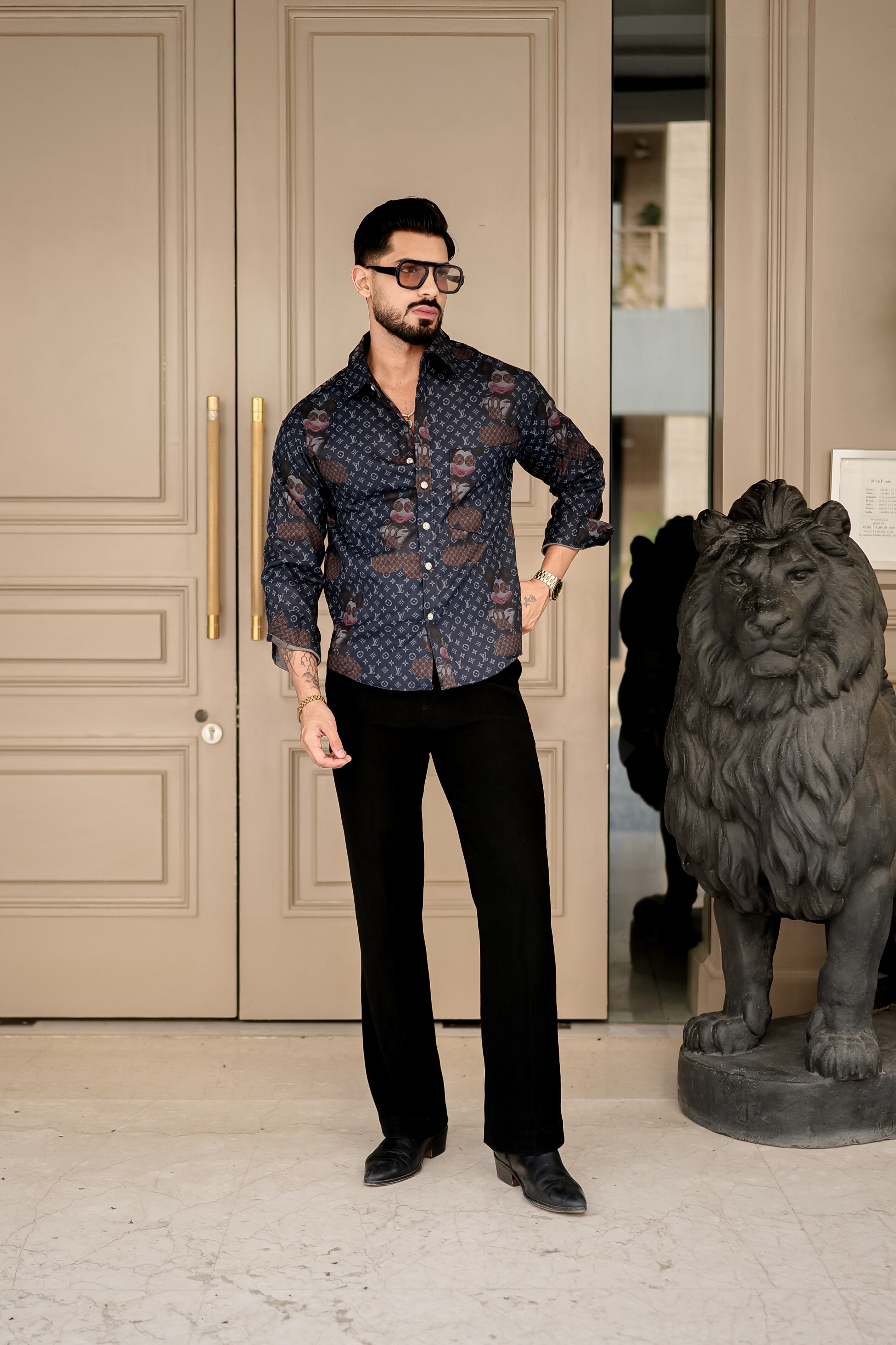 Fashion Casino Embroidery Blue & Brown Premium Cotton Shirt