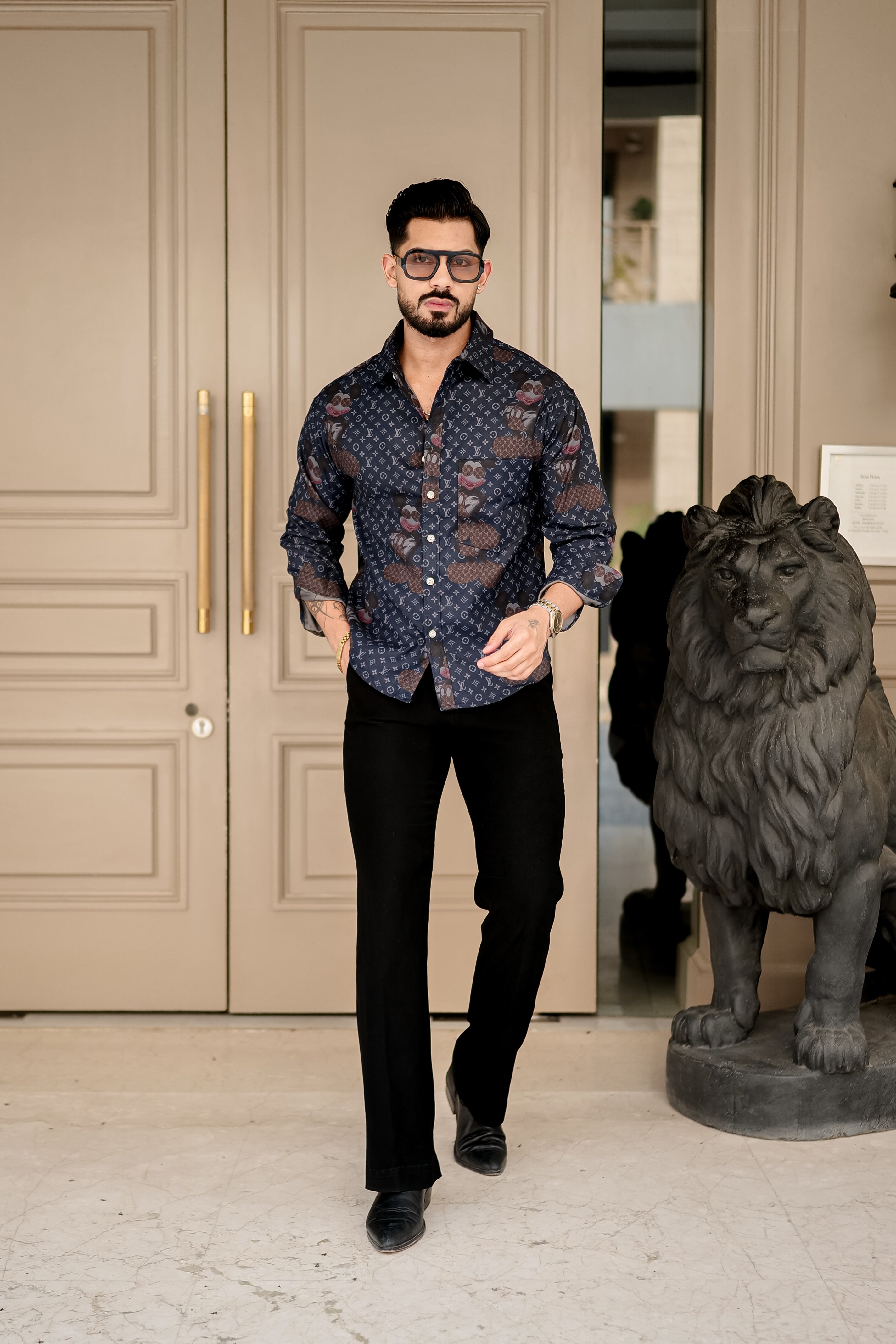 Fashion Casino Embroidery Blue & Brown Premium Cotton Shirt