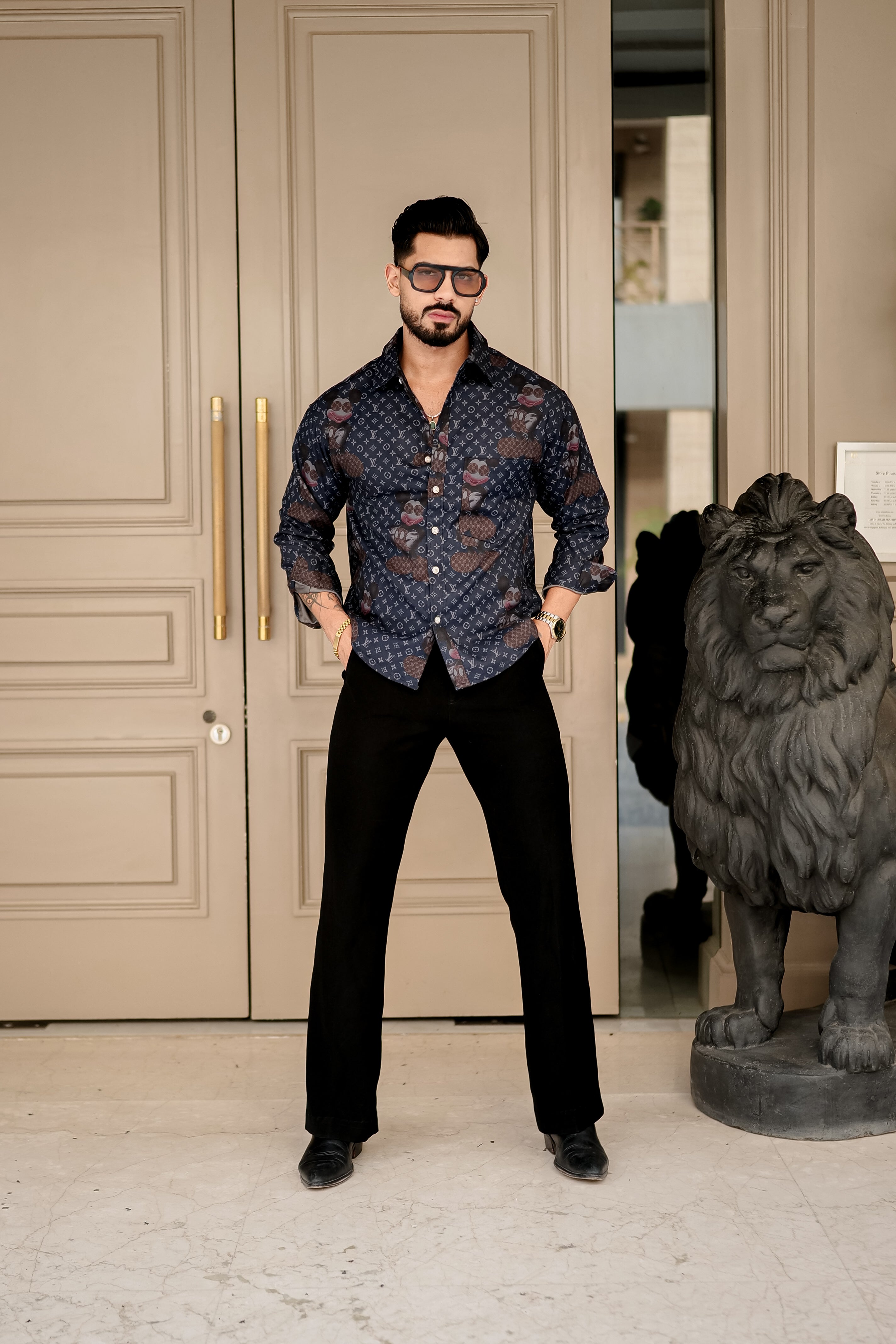Fashion Casino Embroidery Blue & Brown Premium Cotton Shirt