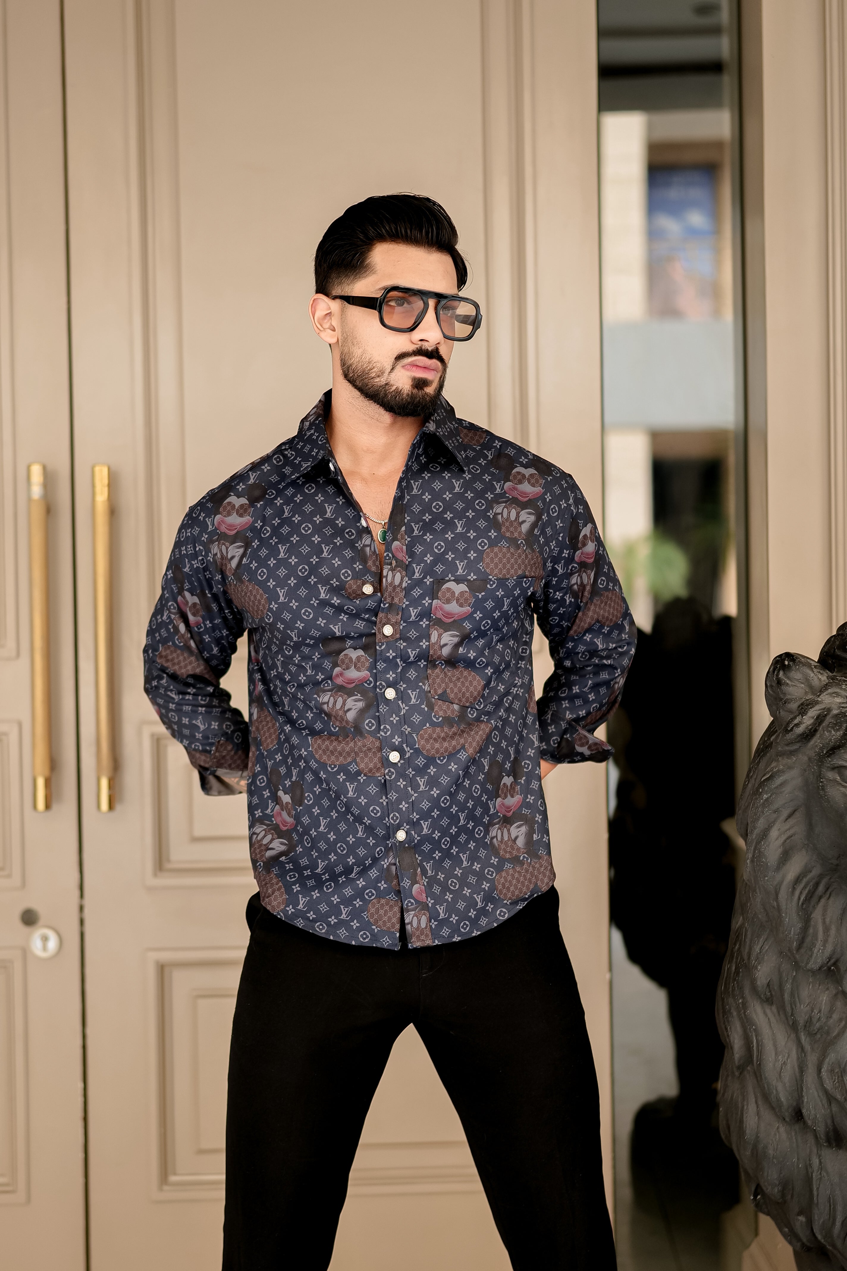 Fashion Casino Embroidery Blue & Brown Premium Cotton Shirt