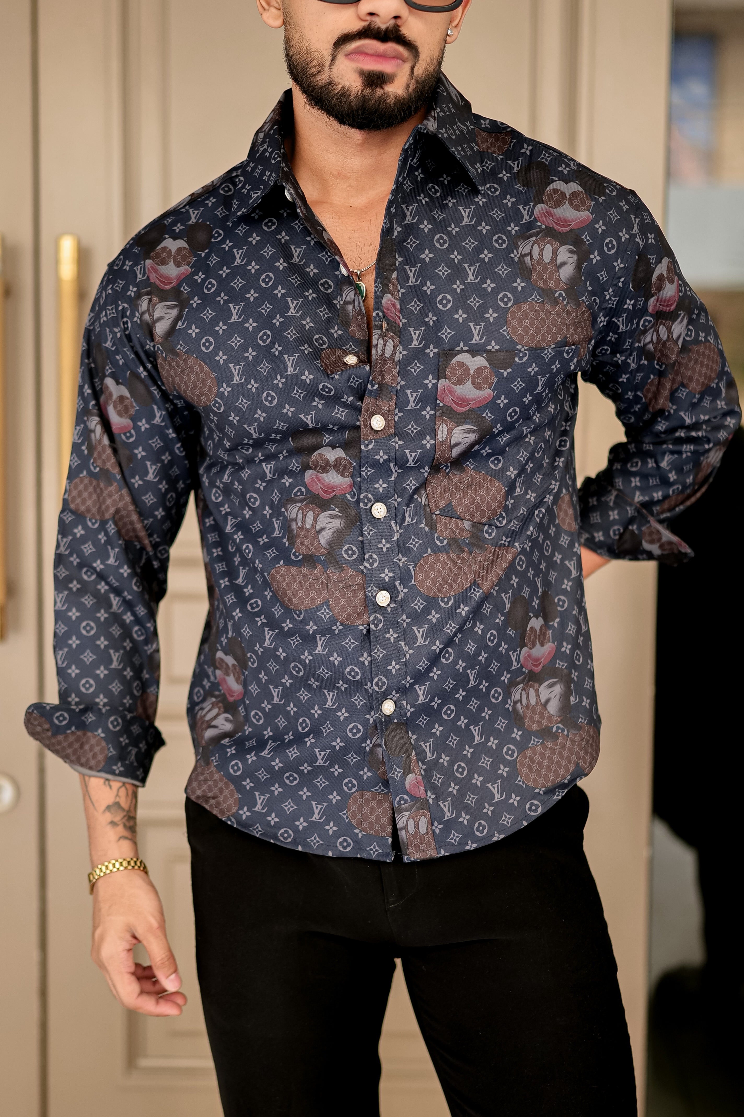 Fashion Casino Embroidery Blue & Brown Premium Cotton Shirt