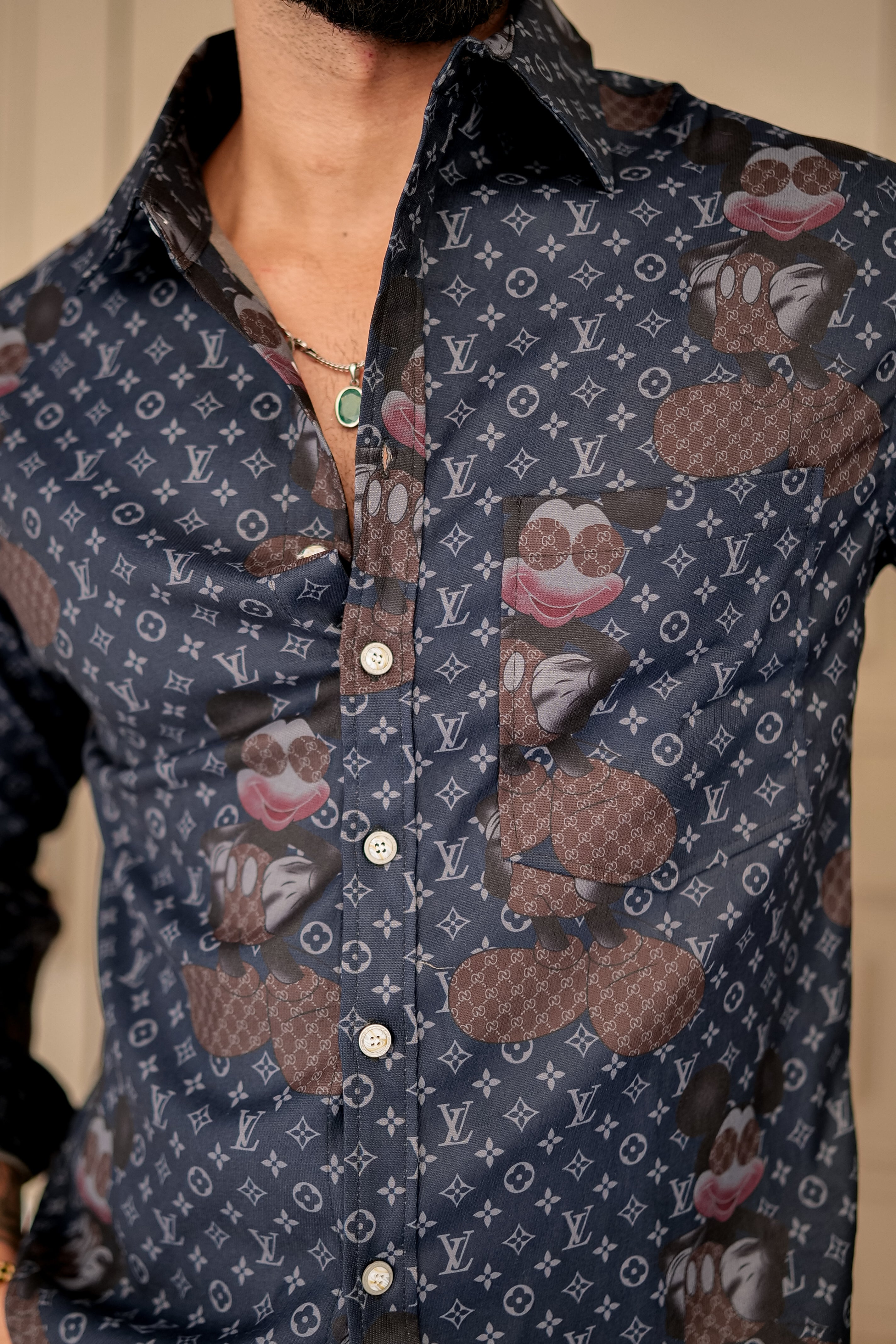 Fashion Casino Embroidery Blue & Brown Premium Cotton Shirt