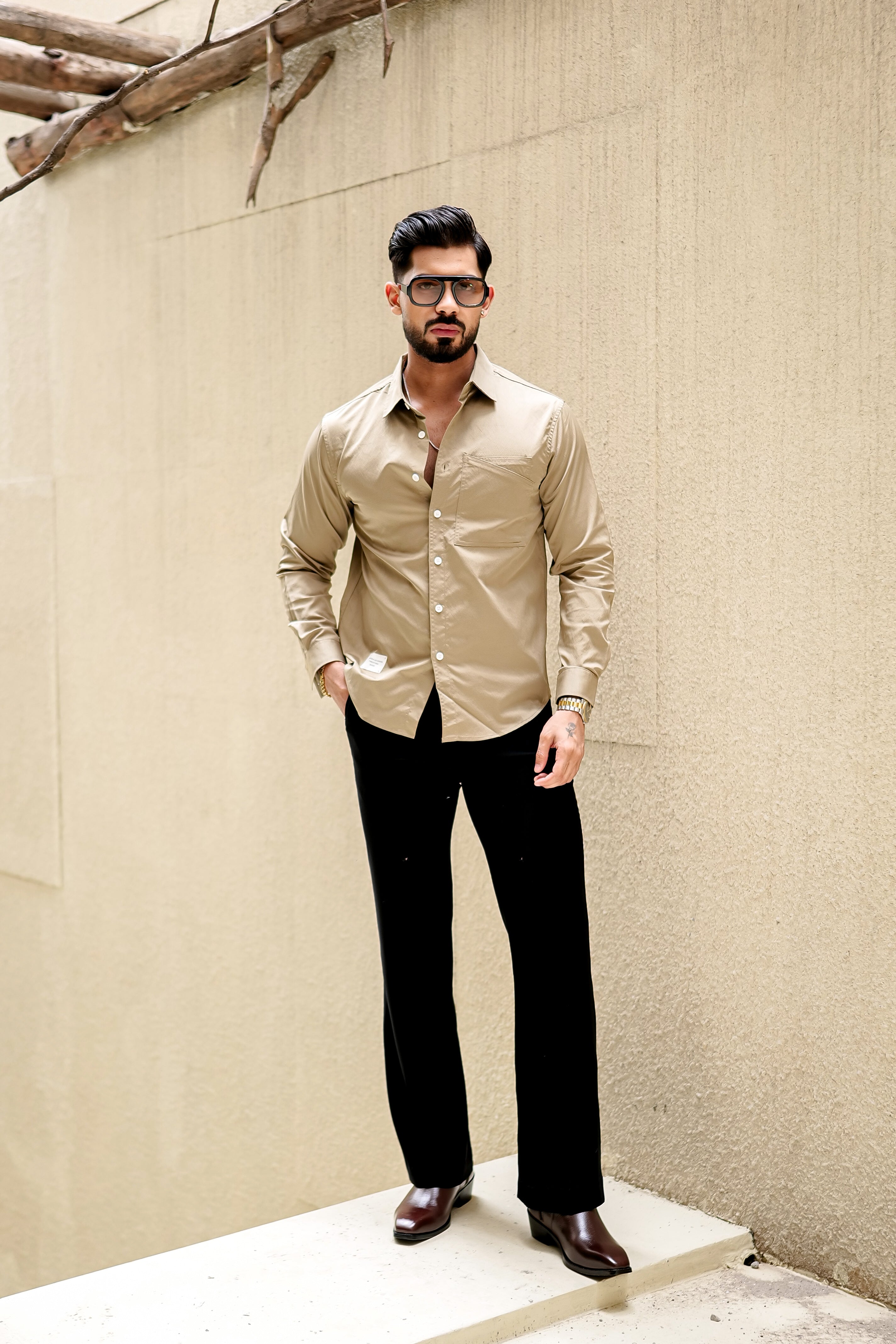 Fashion Casino Embroidery Cream Premium Cotton Shirt