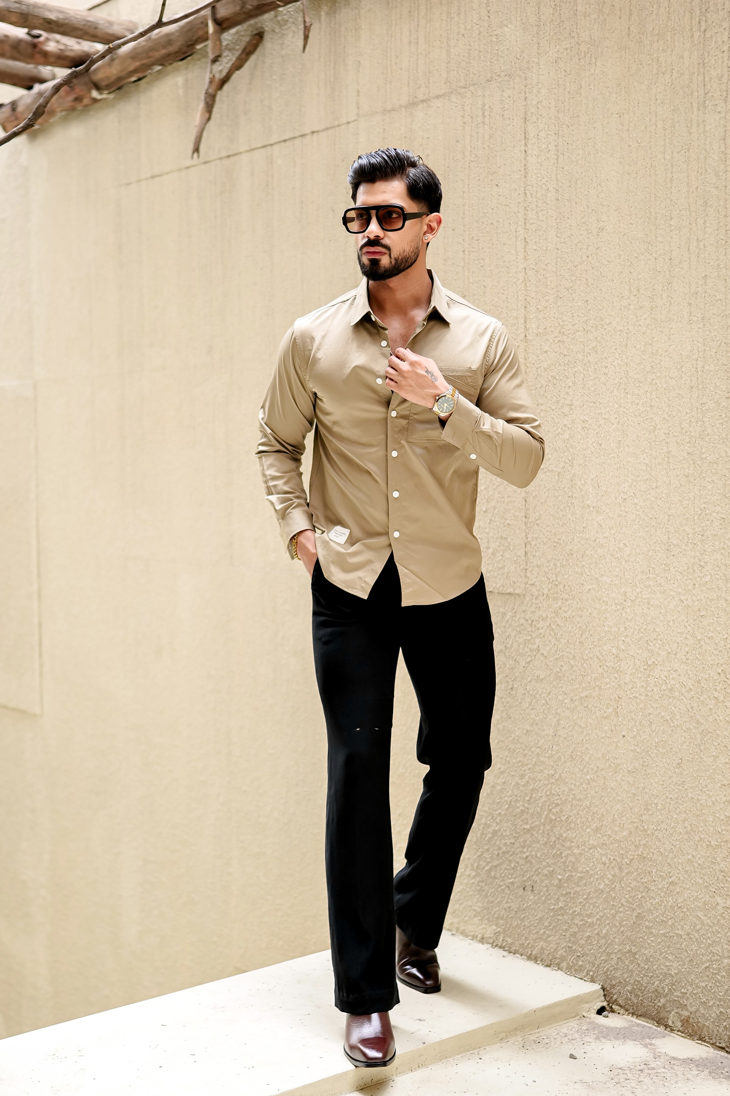 Fashion Casino Embroidery Cream Premium Cotton Shirt