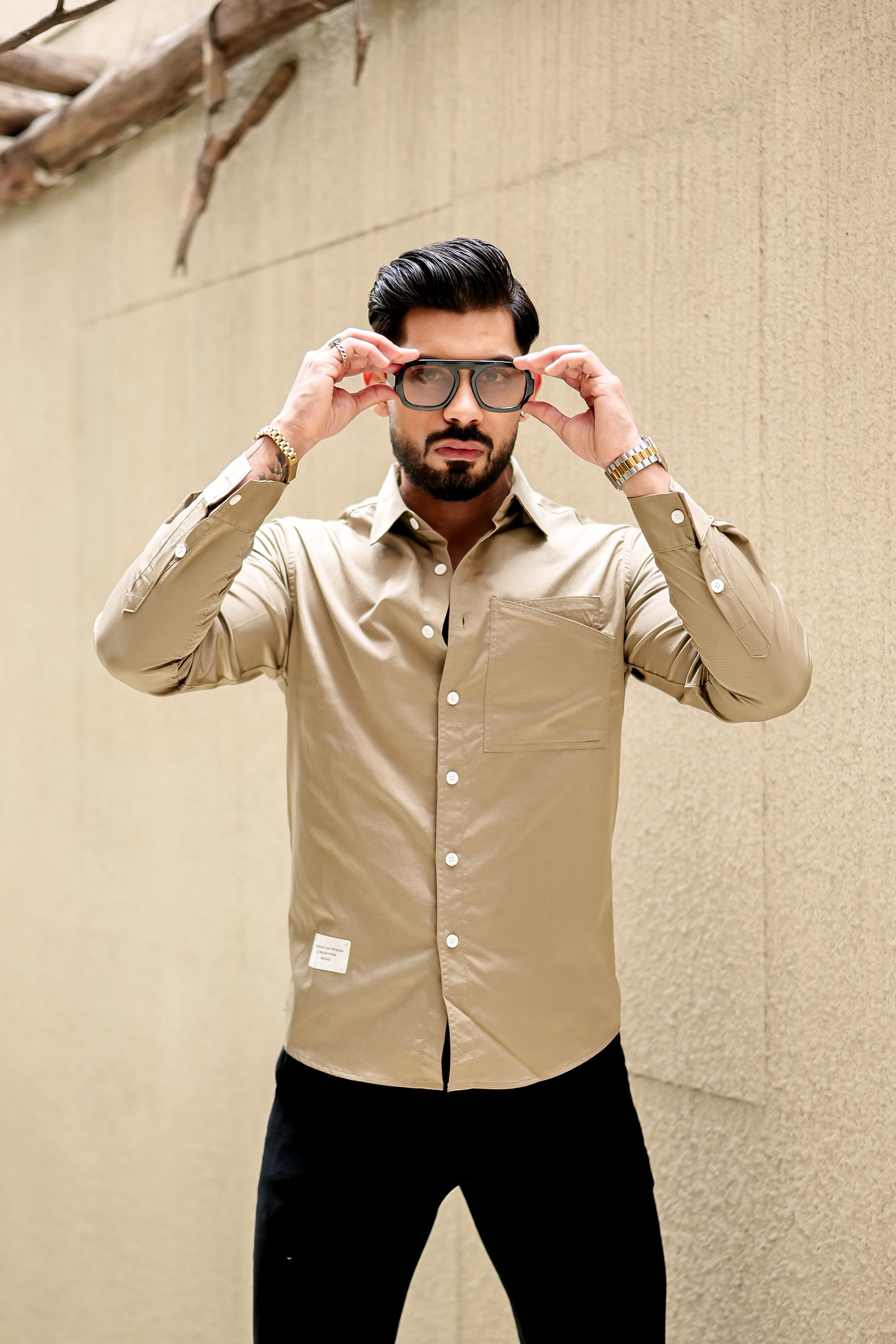 Fashion Casino Embroidery Cream Premium Cotton Shirt